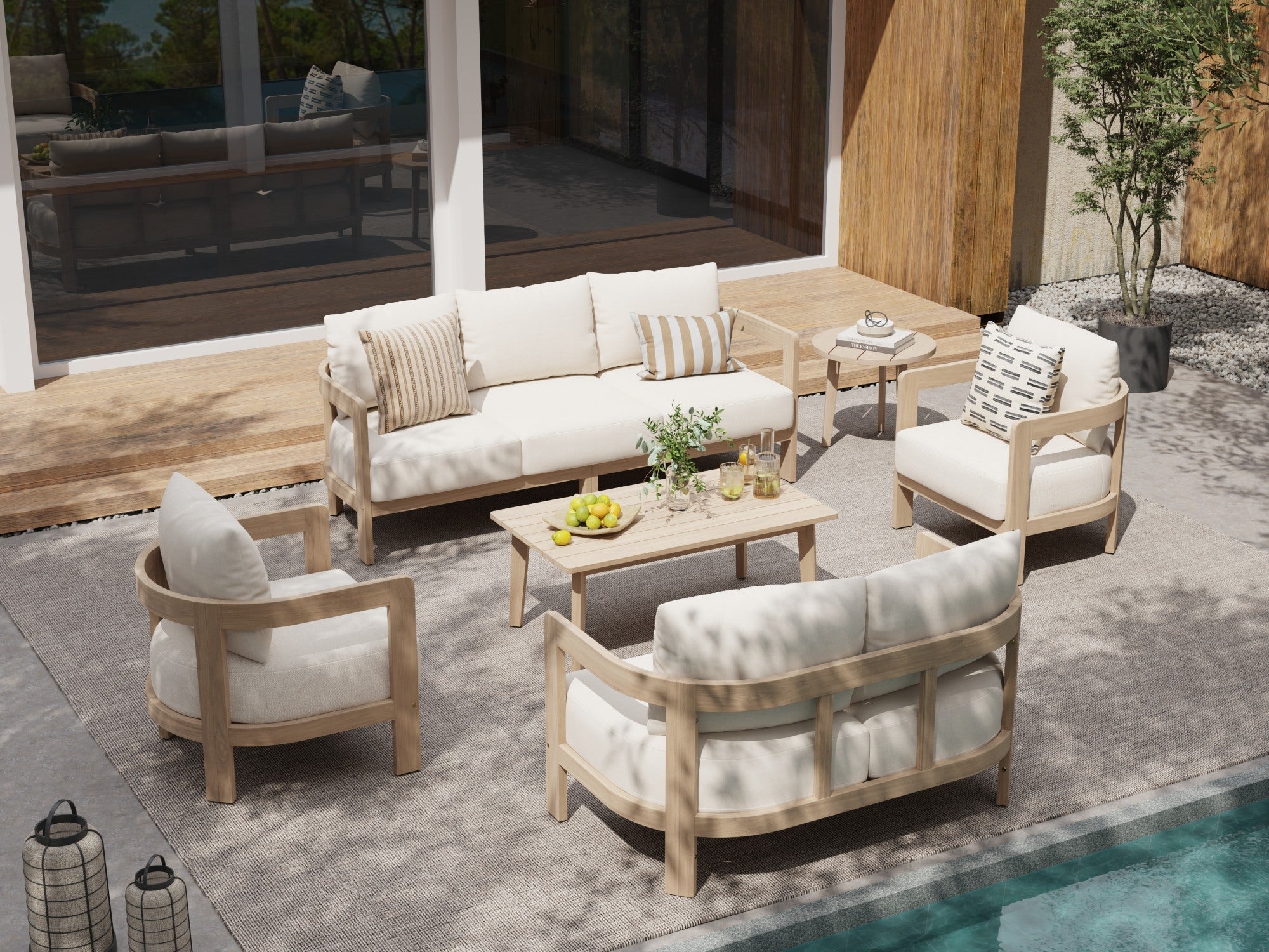 Cali 7 Seats Curved Acacia Lounge Set, Mixed Tables & 6.3" Thick Cushions