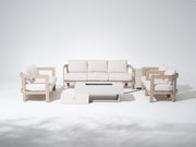 Cali Outdoor Wooden Sofa Set, Light Beige Fire pit & 6.3" Thick Cushions, 4-7 Seats