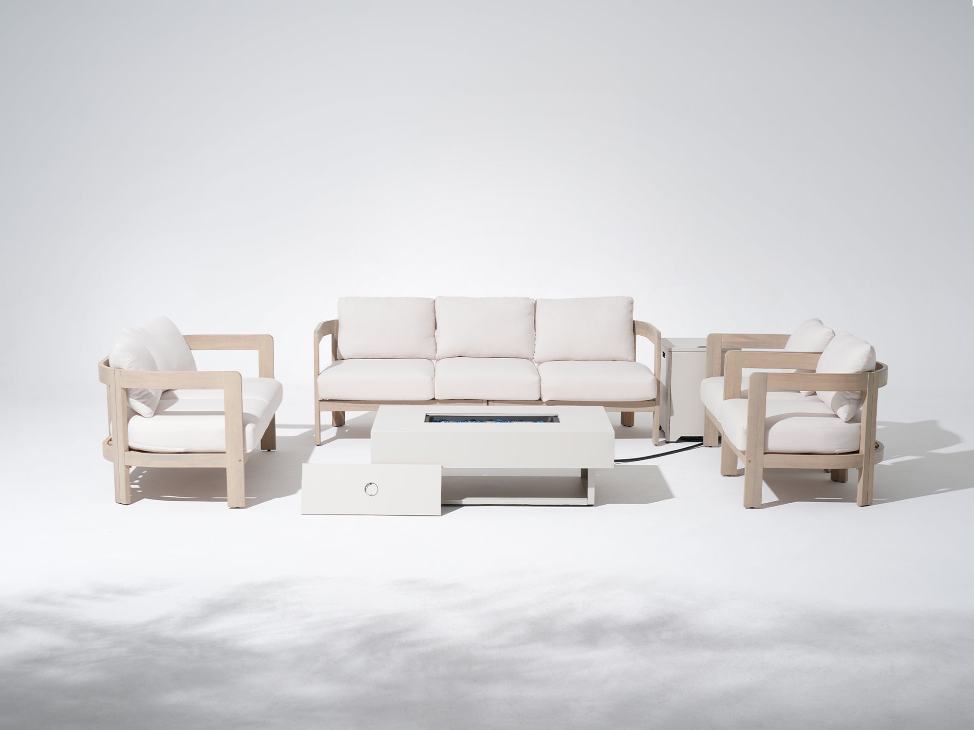 Cali Outdoor Wooden Sofa Set, Light Beige Fire pit & 6.3" Thick Cushions, 4-7 Seats