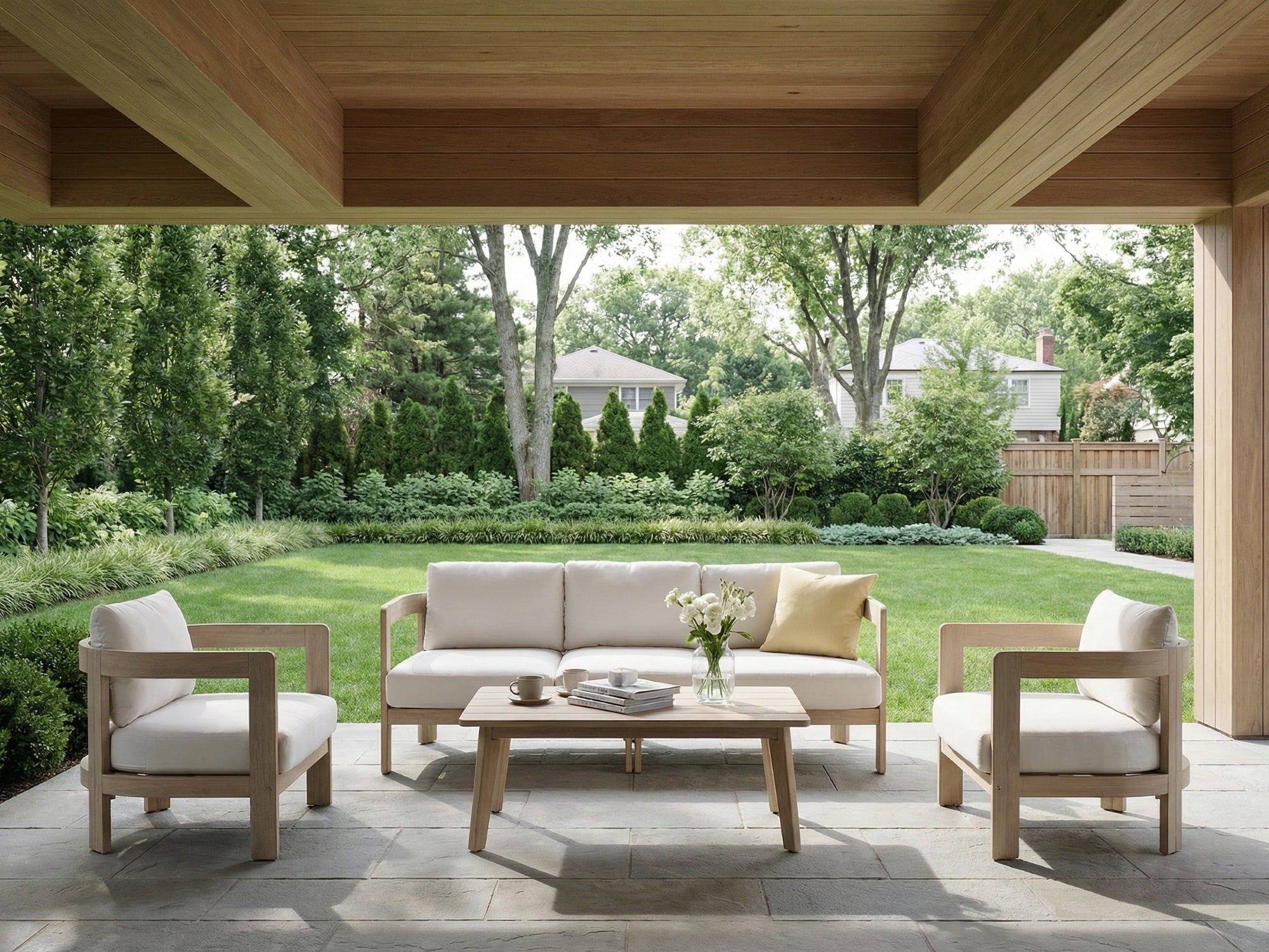 Cali 5 Seats Wooden Outdoor Sofa Set, Mixed Tables & 6.3" Thick Cushions