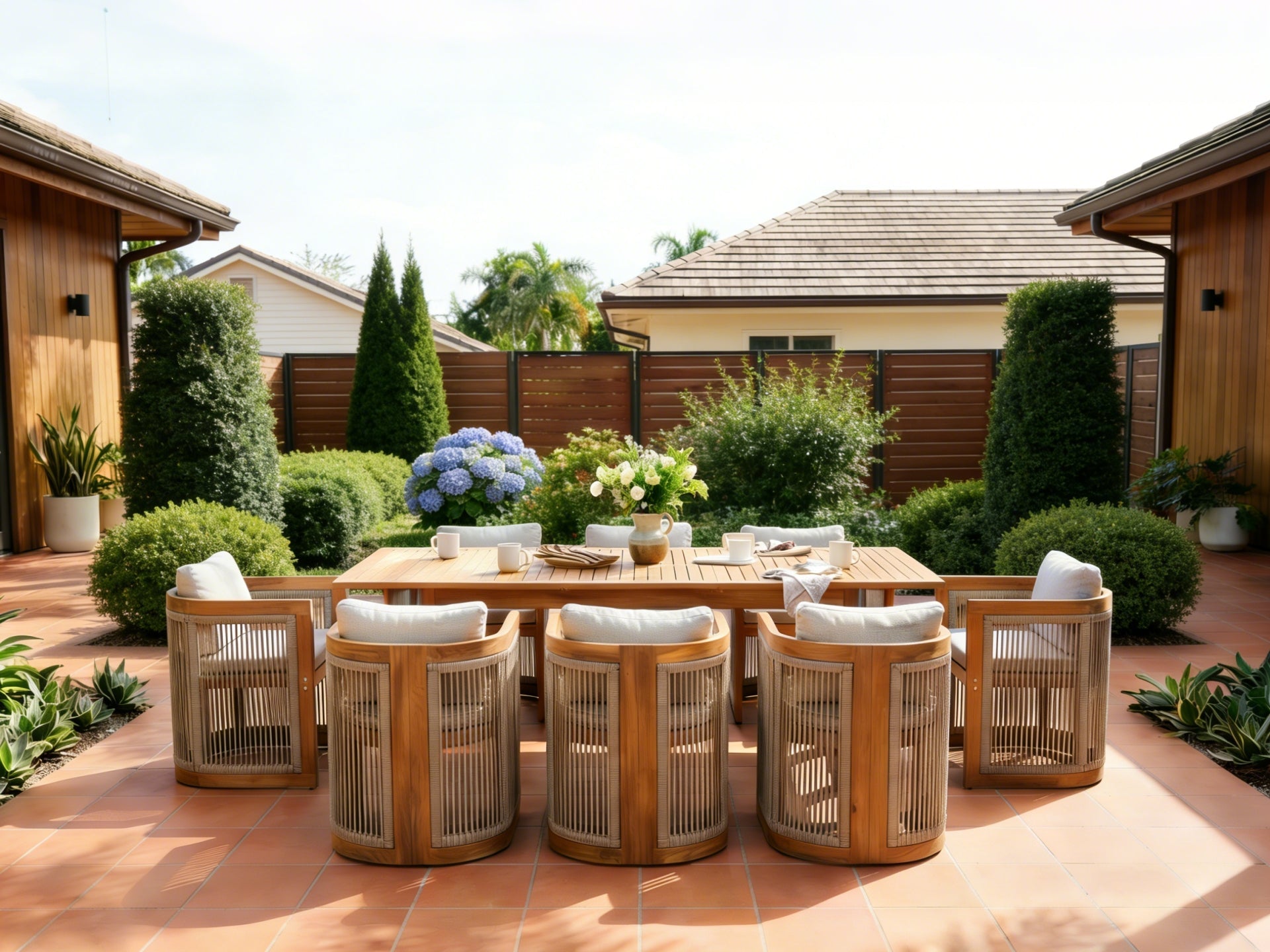 wood rectangular Outdoor furniture dining set for 8 people with rope design and cushions