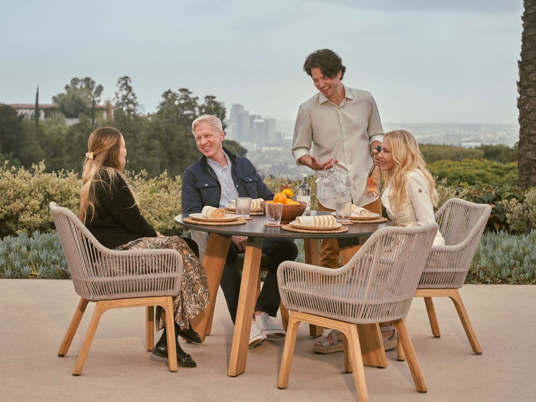 Plena Round Outdoor Dining Set For 4 People, Teak & Sintered Stone, Φ48.4''