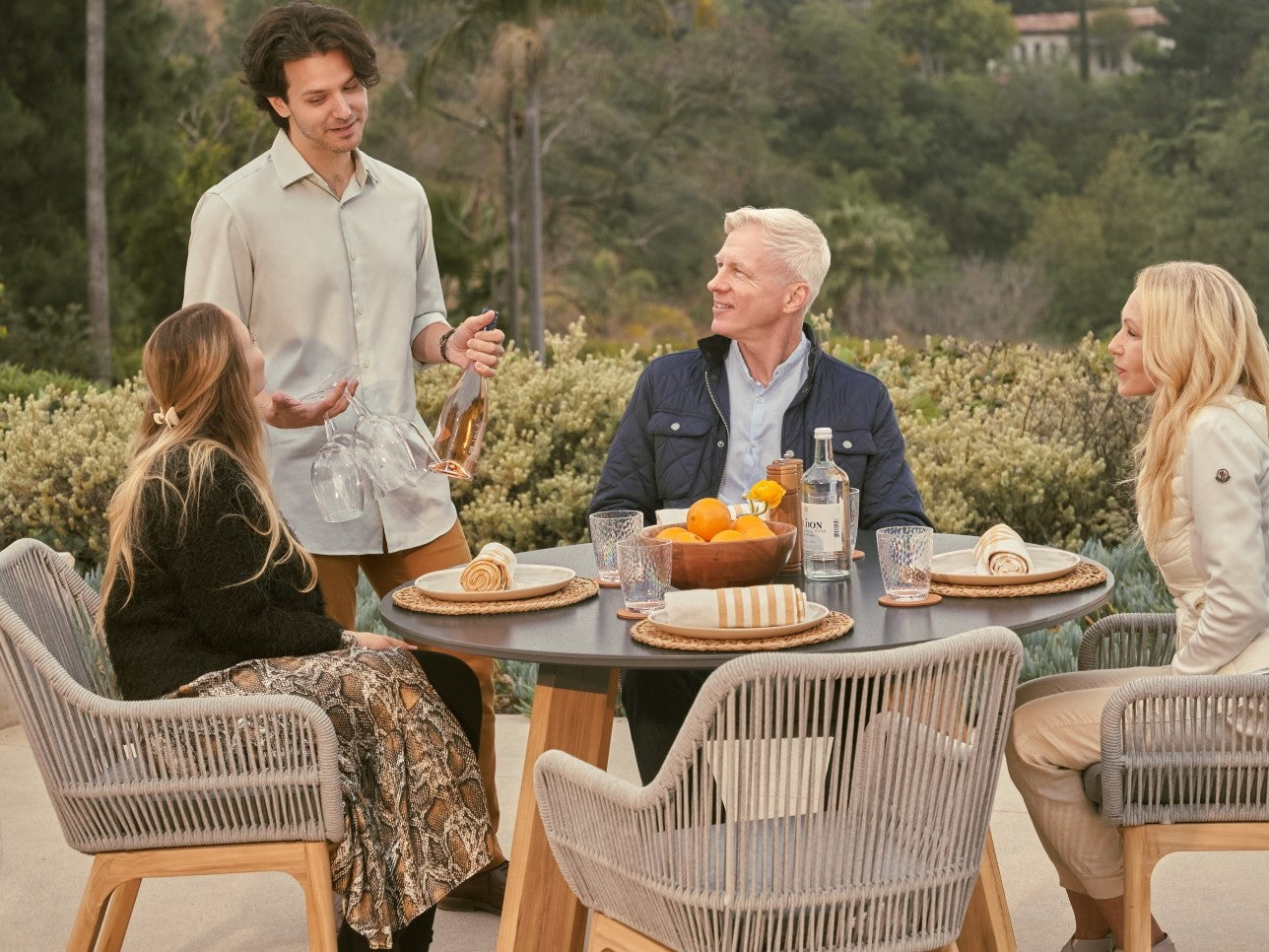 Plena Round Outdoor Dining Set For 4 People, Teak & Sintered Stone, Φ48.4''