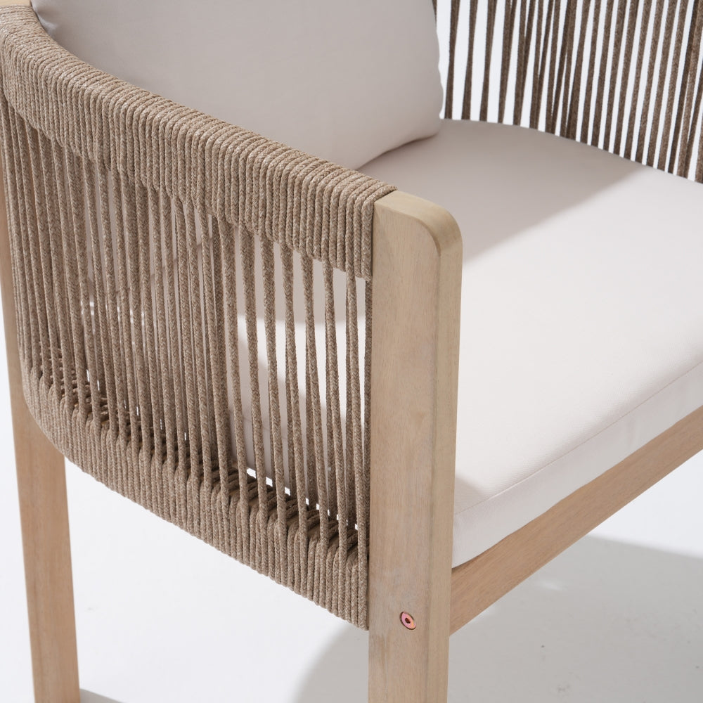 Chair with woven rope backrest and white cushion detail- Sunsitt Modern Premium Outdoor Patio Furniture