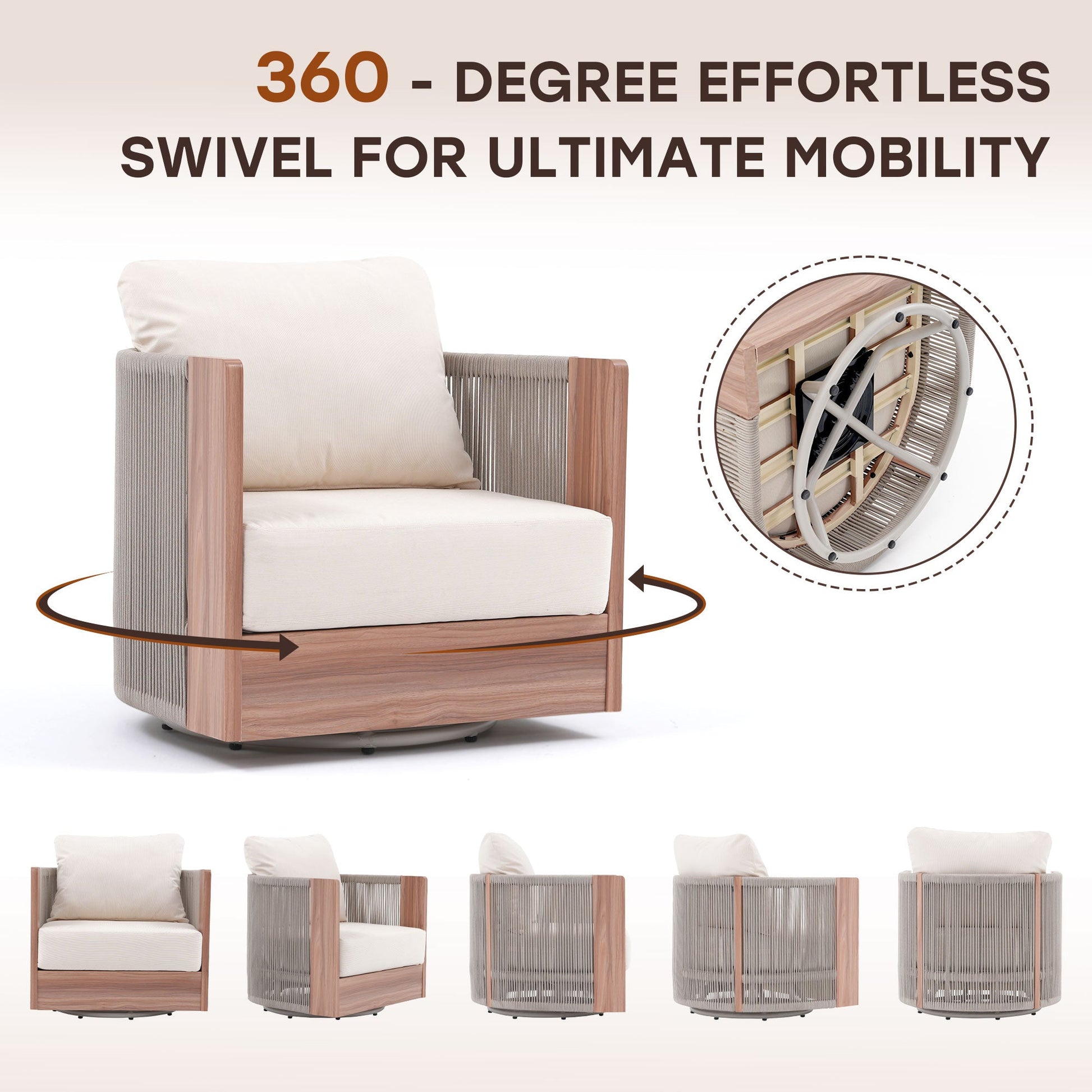 Aluminum and rope Outdoor Chair with swivel mechanism and360-degree effortless swivel for ultimate mobility- Sunsitt Modern Premium Patio Outdoor Furniture