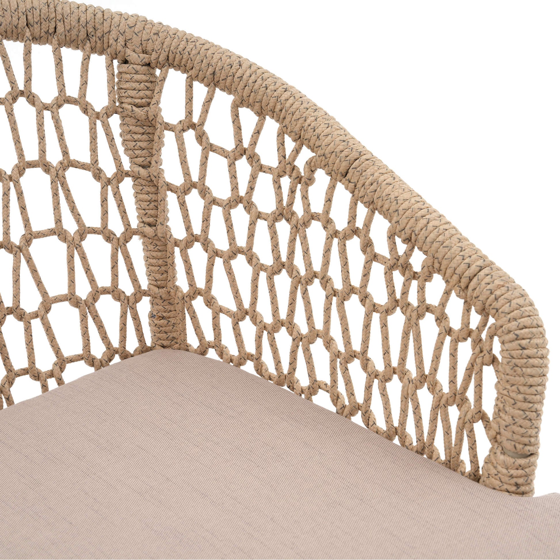 Close-up of a beige woven chair with a cushioned seat- Sunsitt Modern Premium Patio Outdoor Furniture