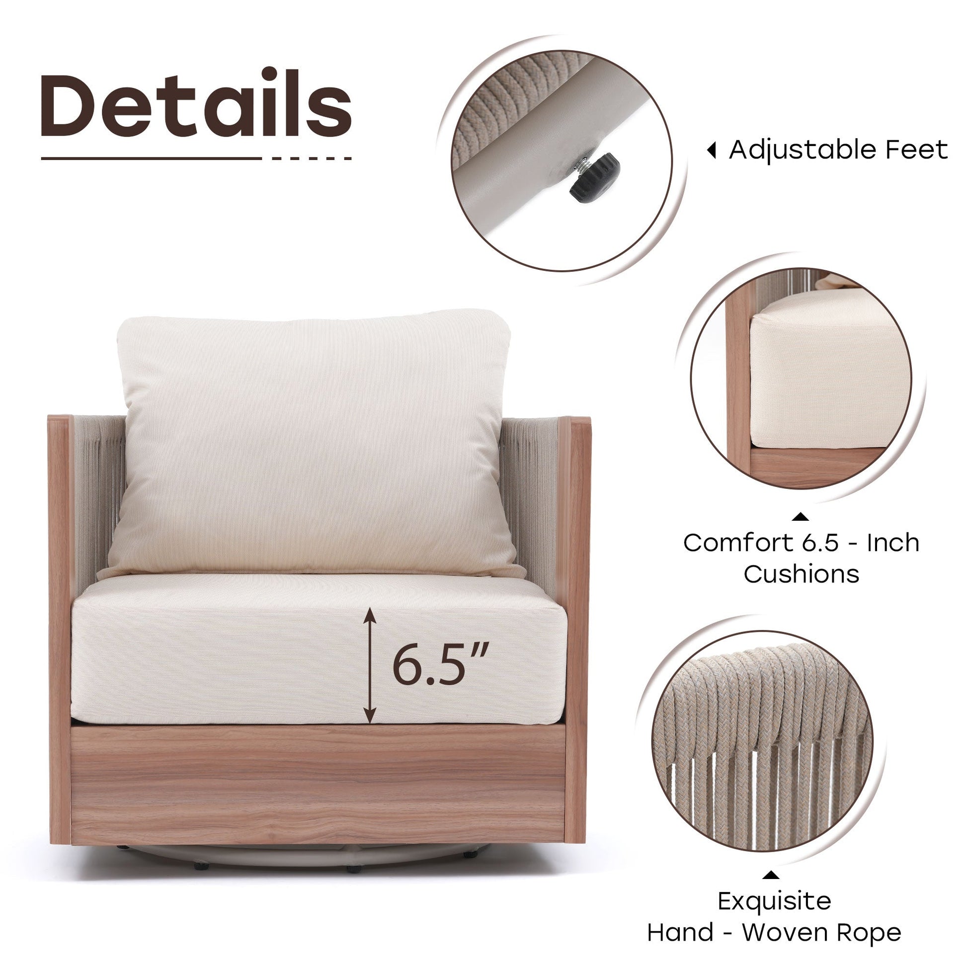 Lounge Chair with detailed features including adjustable feet, comfort cushions, and woven rope - Sunsitt Modern Premium Patio Outdoor Furniture