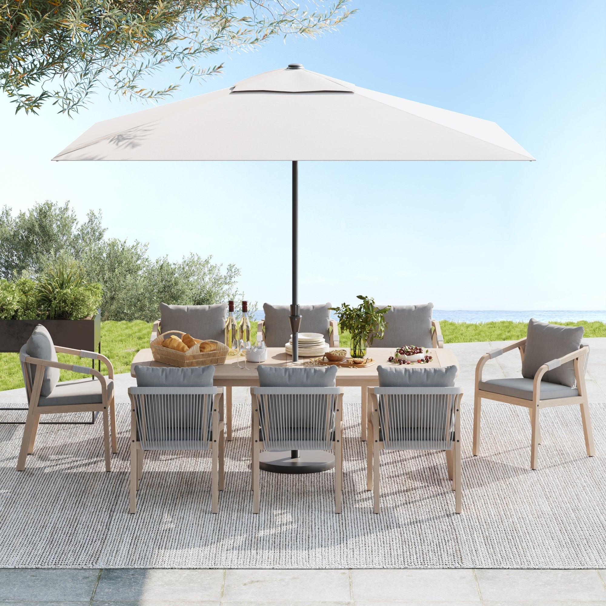 8 person patio dining set with umbrella Thalea 83'' Rectangular Wooden Outdoor Dining Set with Umbrella Hole for 8 People