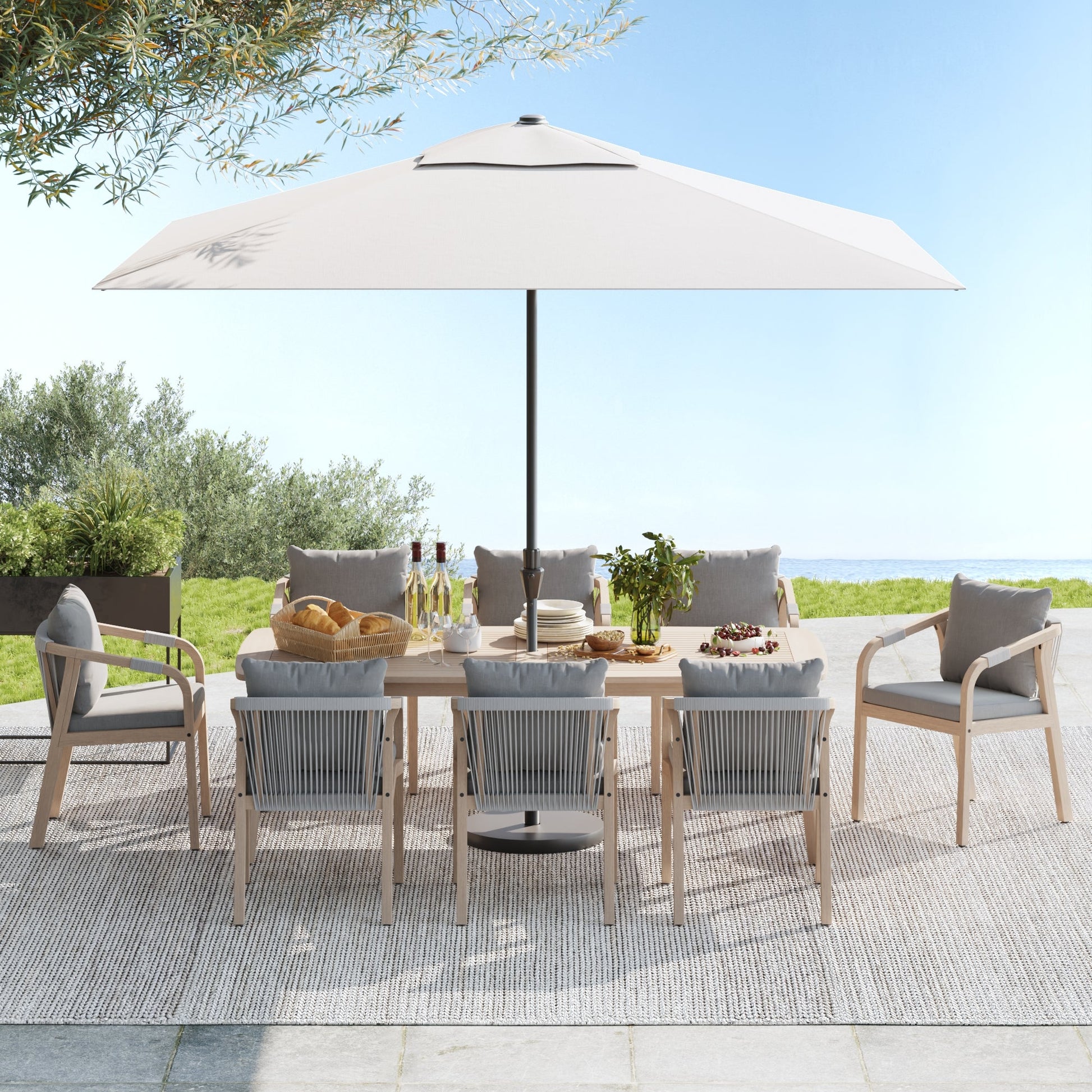 9-pc wooden & rope outdoor dining furniture set for 8 people with umbrella hole