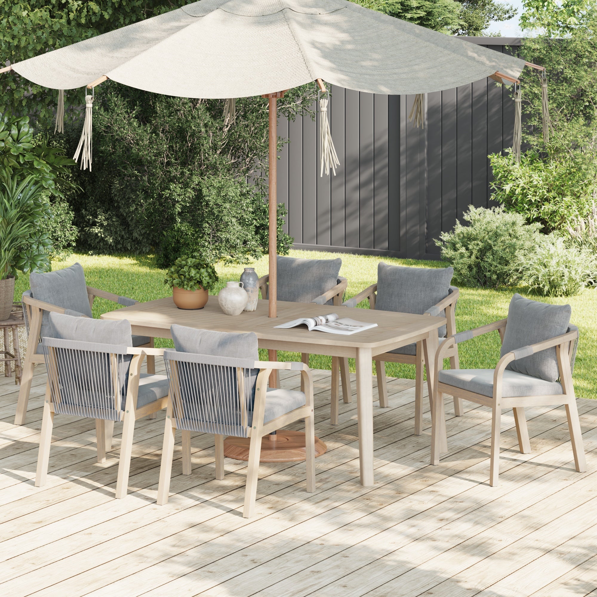 wooden Outdoor furniture dining set for 6 people with umbrella hole, rope design and gray cushions