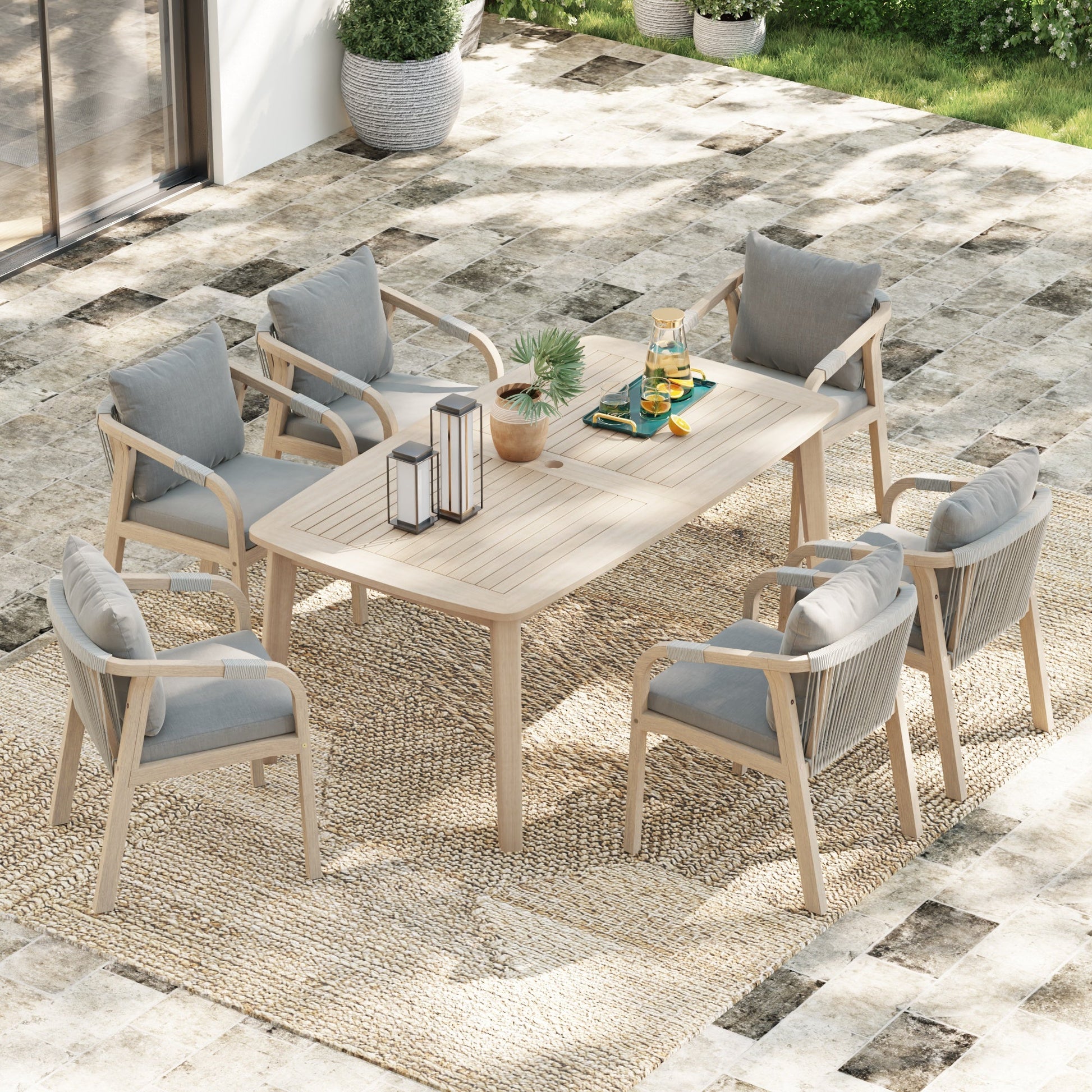 wooden and rope Outdoor furniture dining set for 6 people with umbrella hole