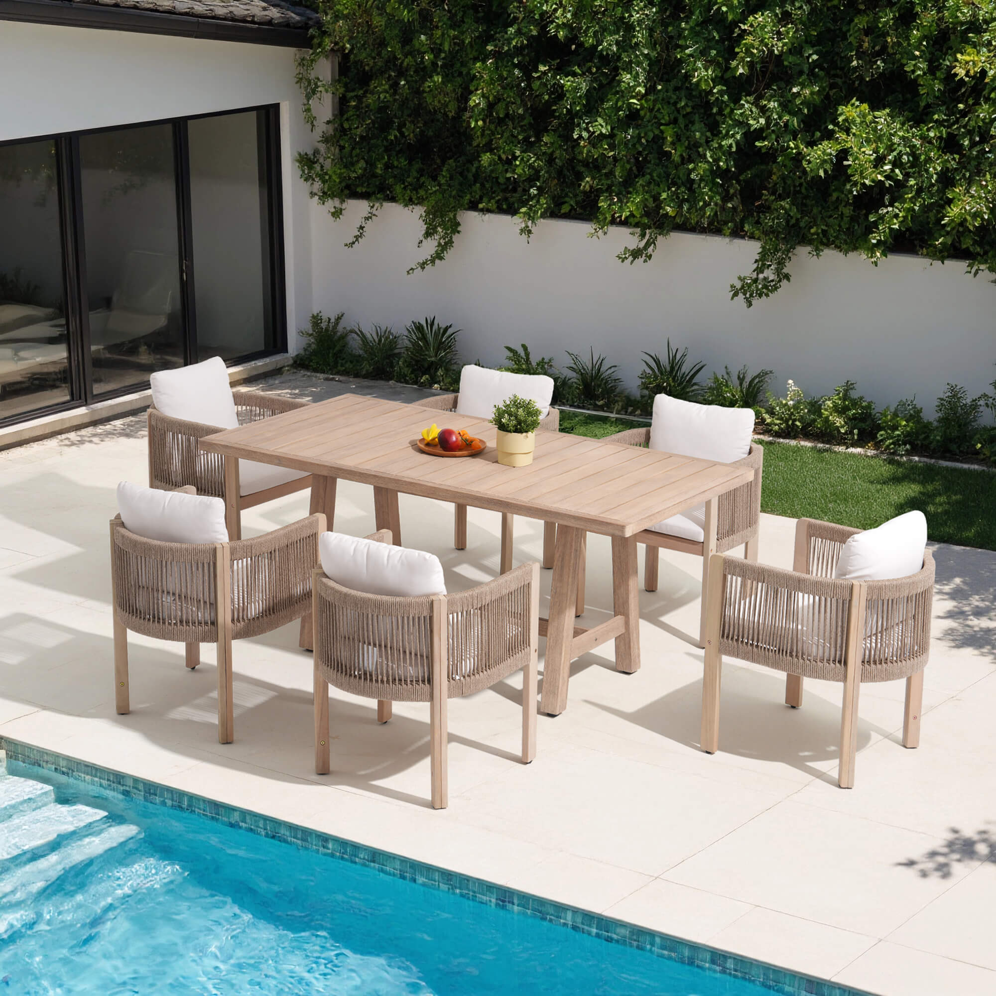 7pcs wood Outdoor dining set with table and woven rope armchairs by a pool - Sunsitt Modern Premium Outdoor Patio Furniture Sets
