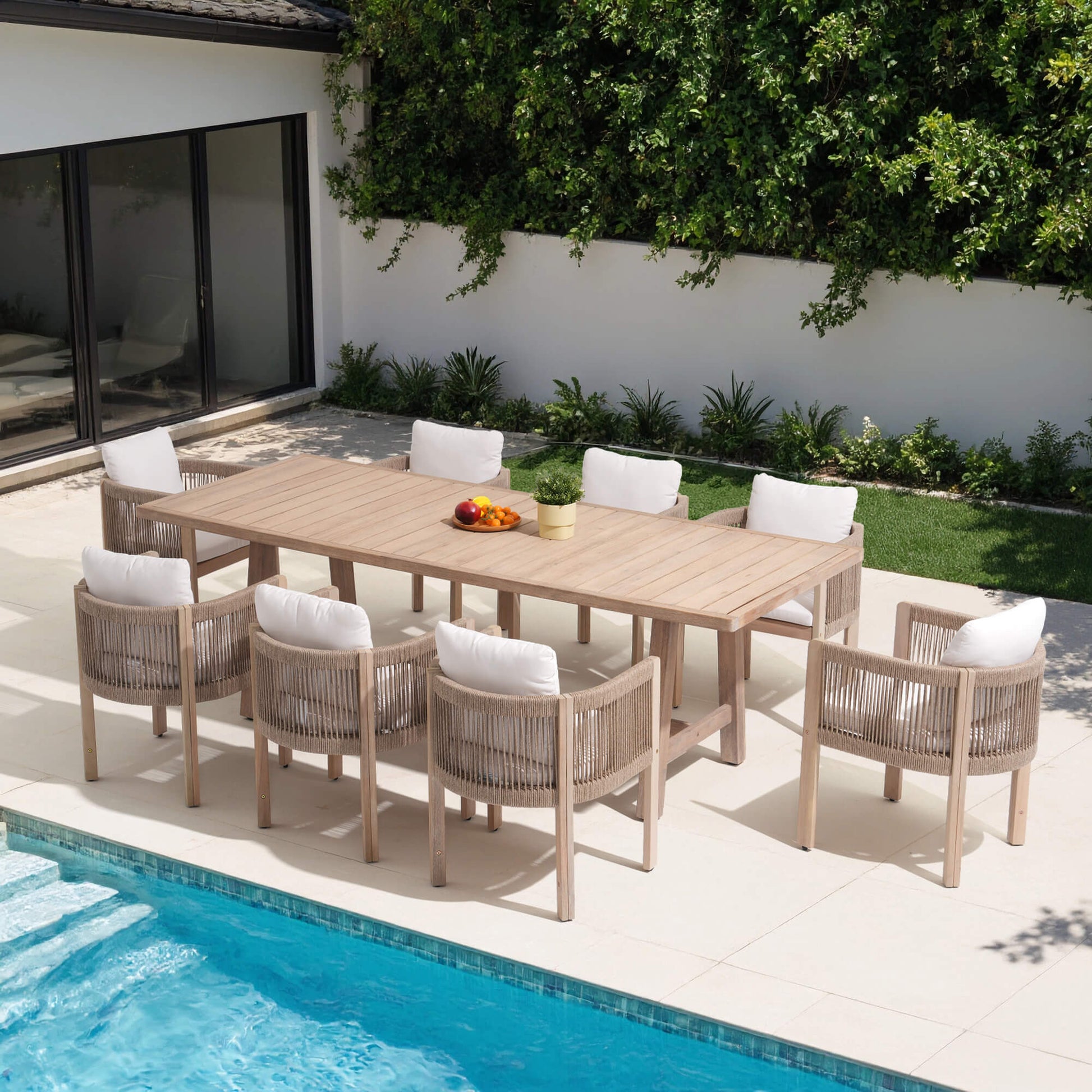 9pcs rectangular Outdoor dining set with wooden table and chairs by a pool - Sunsitt Modern Premium Outdoor Patio Furniture Sets