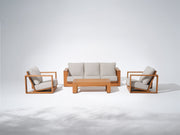 Drift 5-seat Modern outdoor furniture set with wooden frames and white cushions