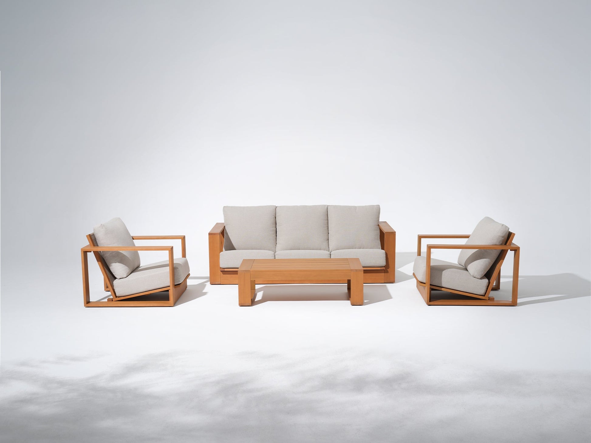 Drift 5-seat Modern outdoor furniture set with wooden frames and white cushions