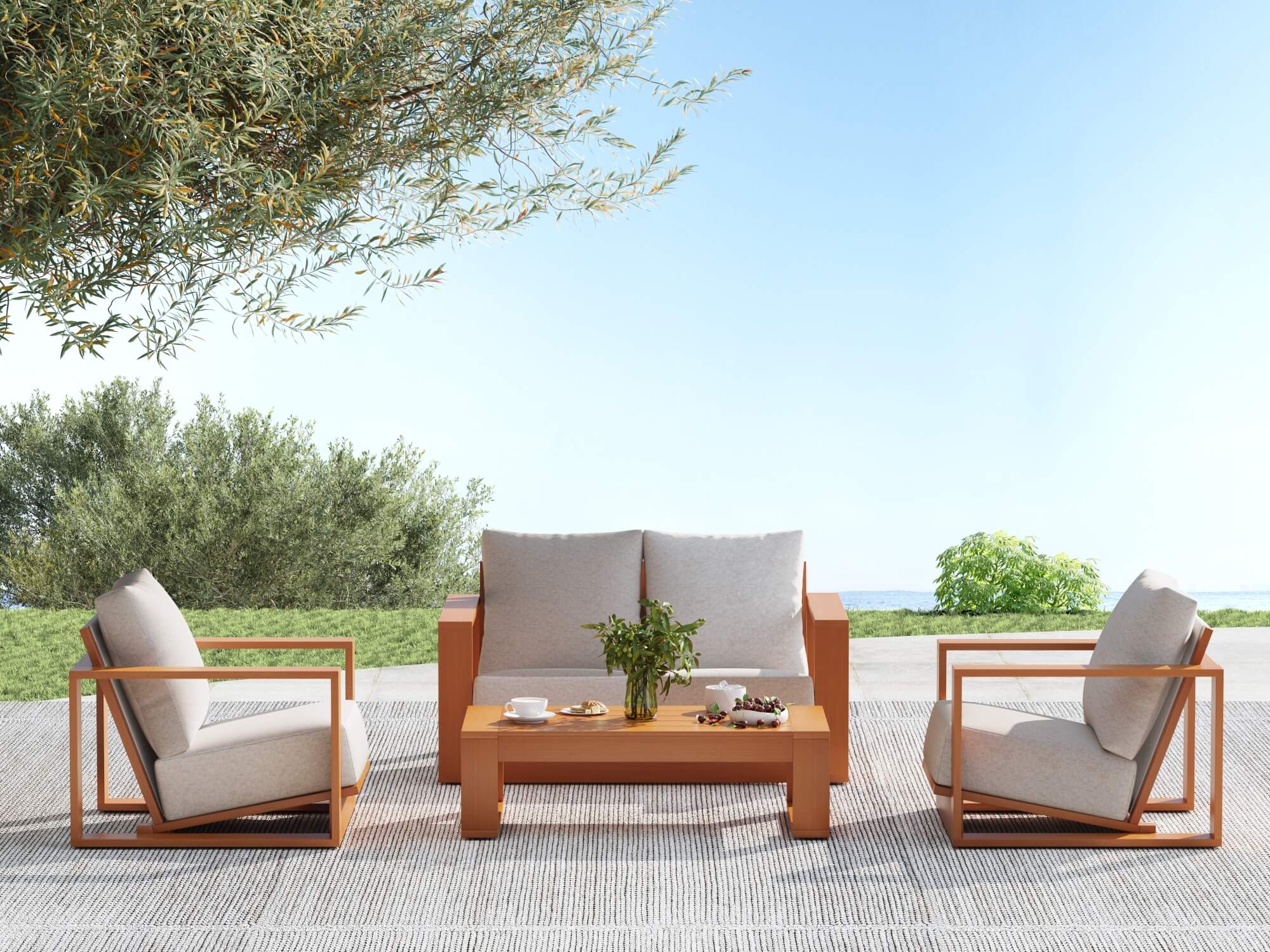 wood and rope Outdoor furniture set with two armchairs and a coffee table on a patio