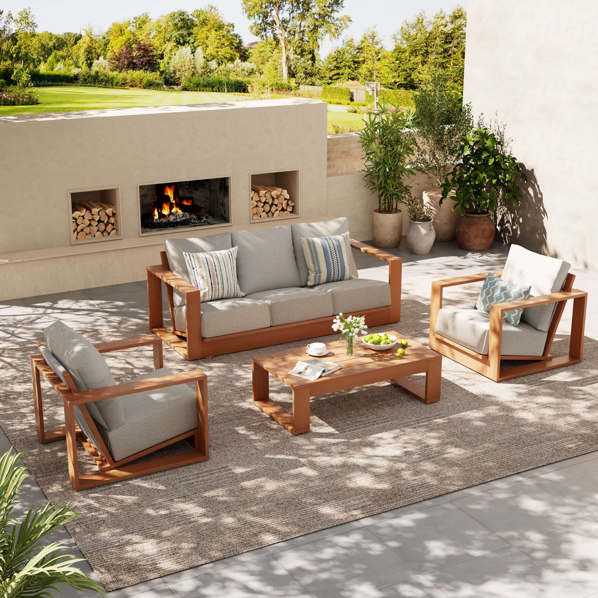 Drift 5 seats Outdoor patio conversation set with wooden frame, rope backrest design, and a rectangular coffee table