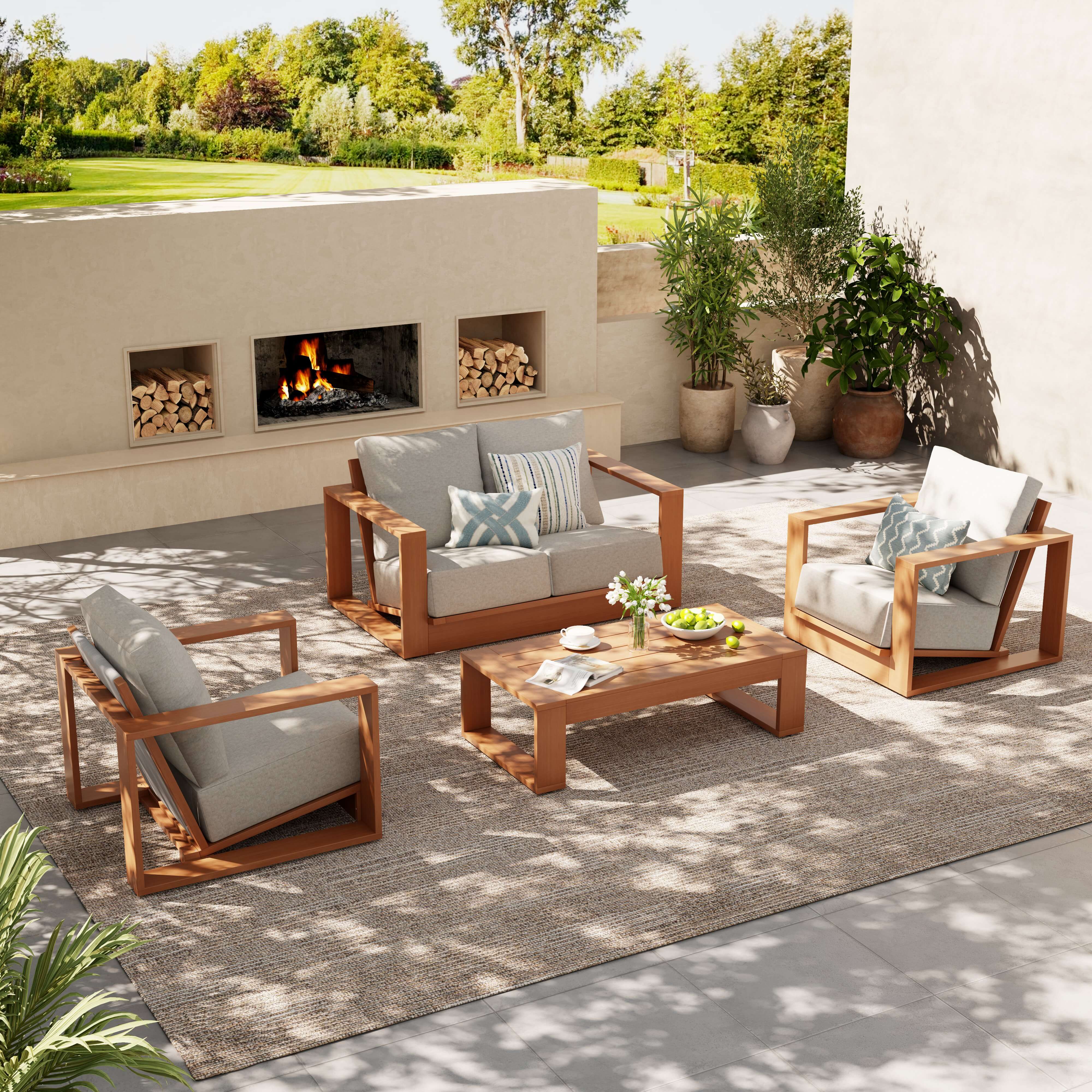 modern wood and rope Outdoor conversation set with thick cushions
