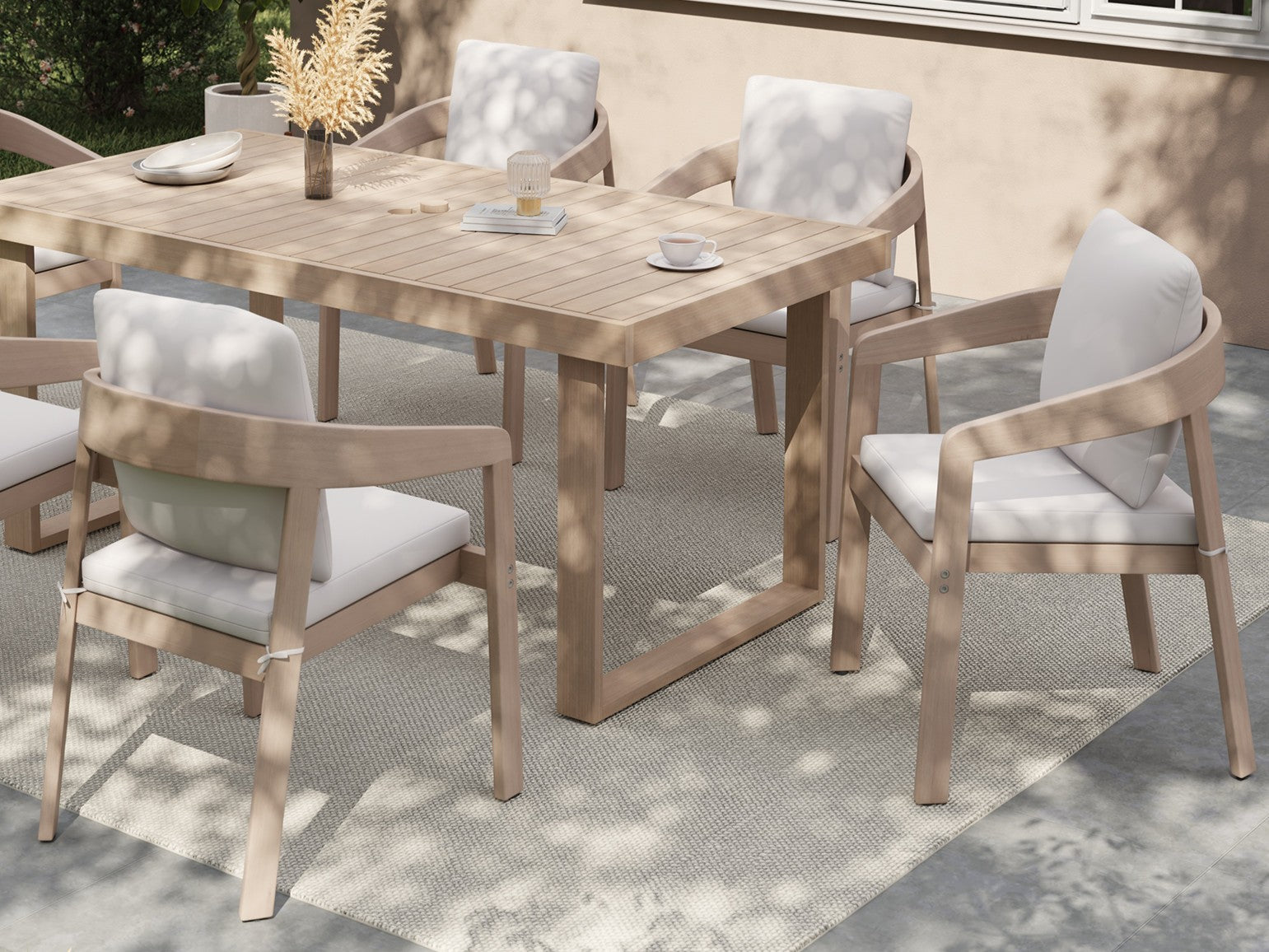 Drift Eucalyptus Wood Outdoor Dining Chairs With Curved Backrest, White Cushions, Set of 2/4/6