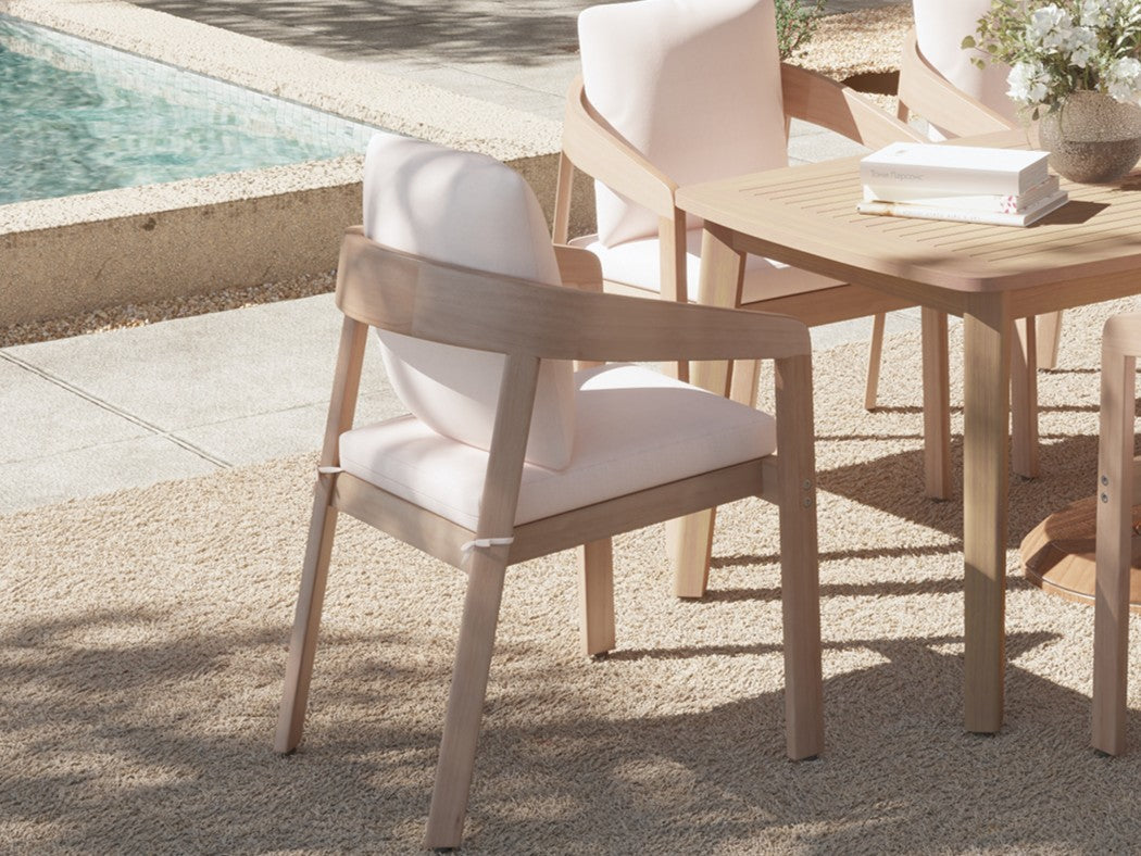 Drift Eucalyptus Wood Outdoor Dining Chairs With Curved Backrest, White Cushions, Set of 2/4/6