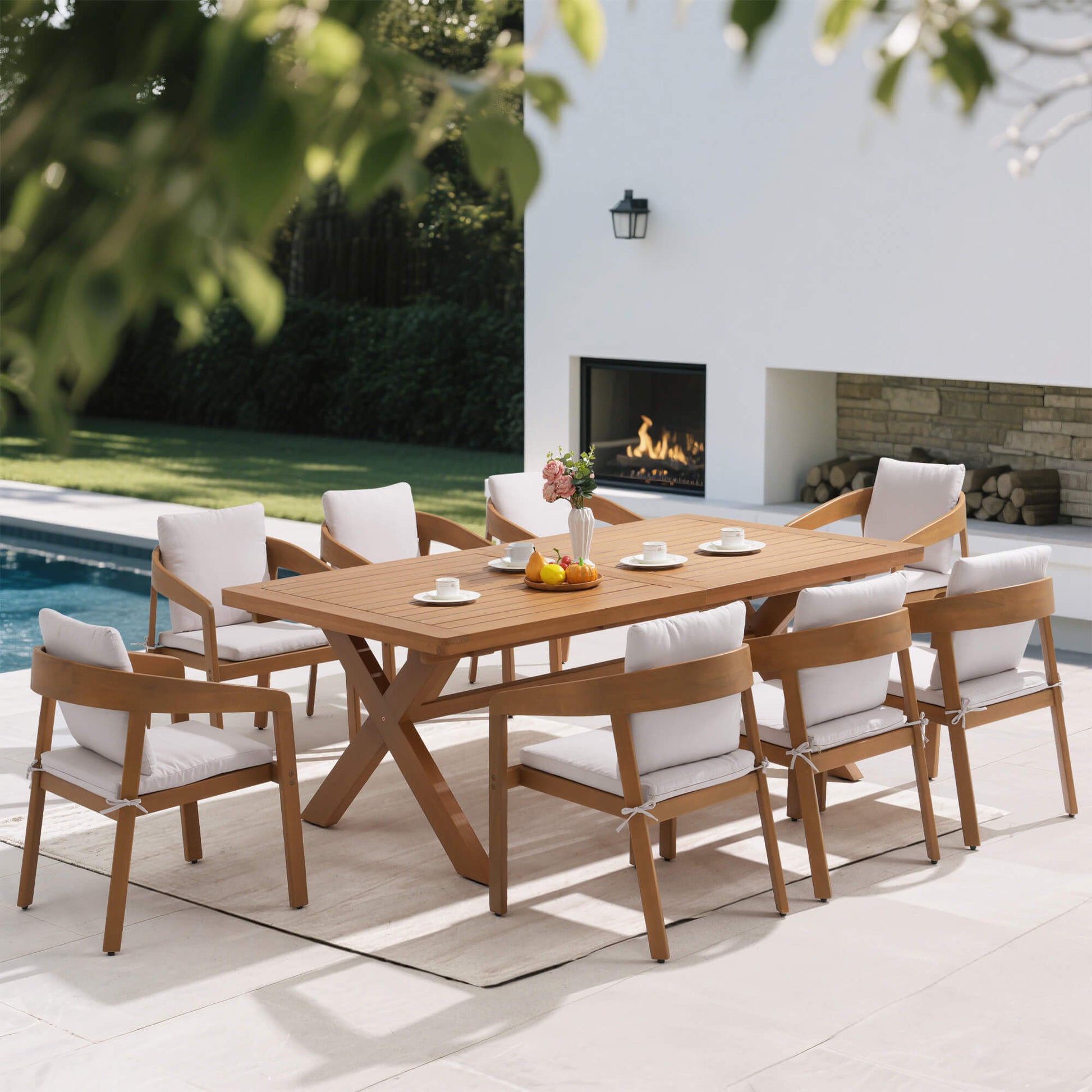 9-pc Outdoor dining set with eucalyptus wooden table and chairs near a pool and fireplace - Sunsitt’s Modern Premium Outdoor Furniture