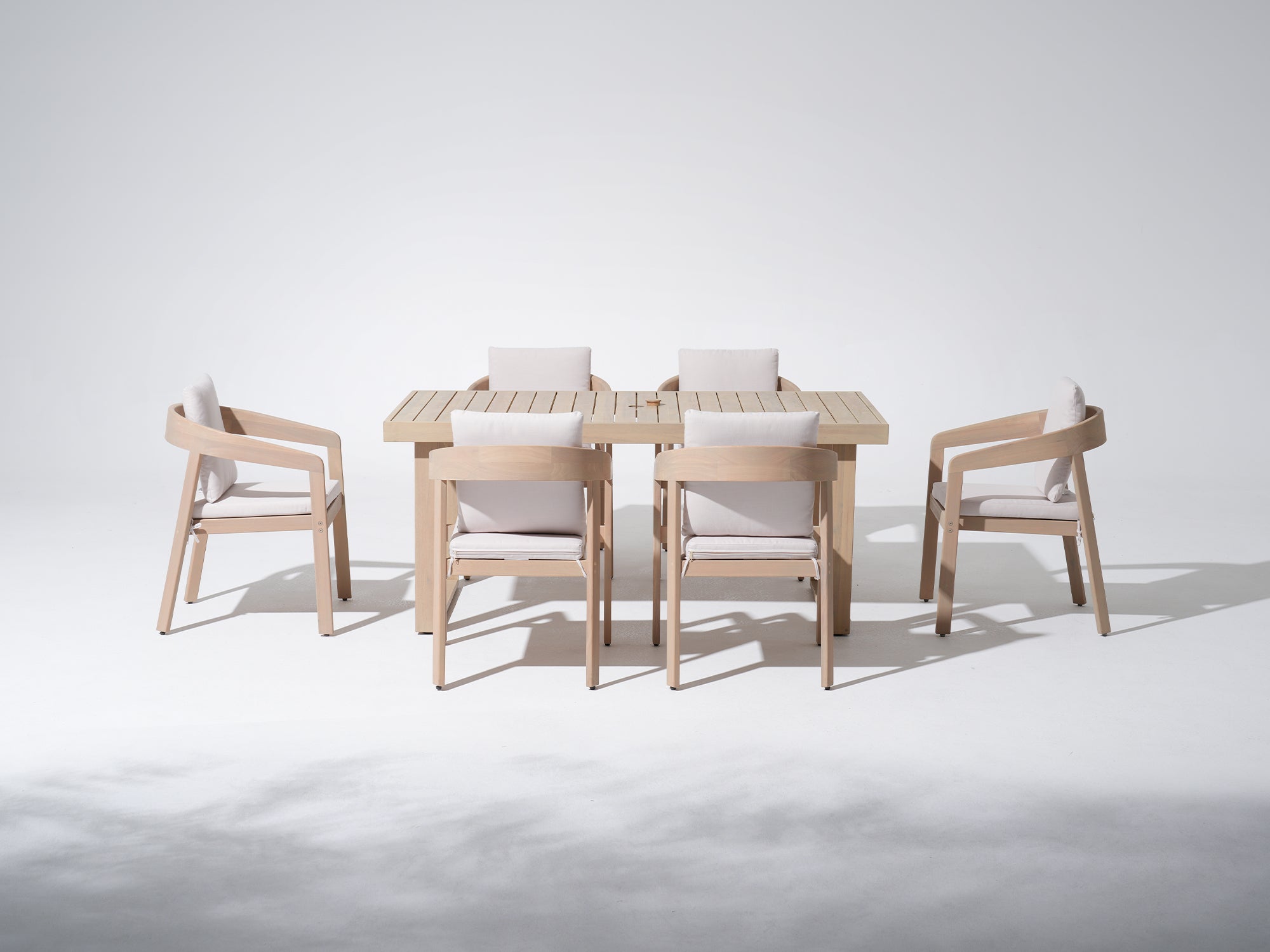 Drift 67'' Eucalyptus Wood Outdoor Dining Set with 2-4 Rope Chairs and Bench; Sled-Leg Design & Umbrella Hole