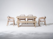 wood outdoor dining set for 6 with  Eucalyptus chairs and umbrella hole table