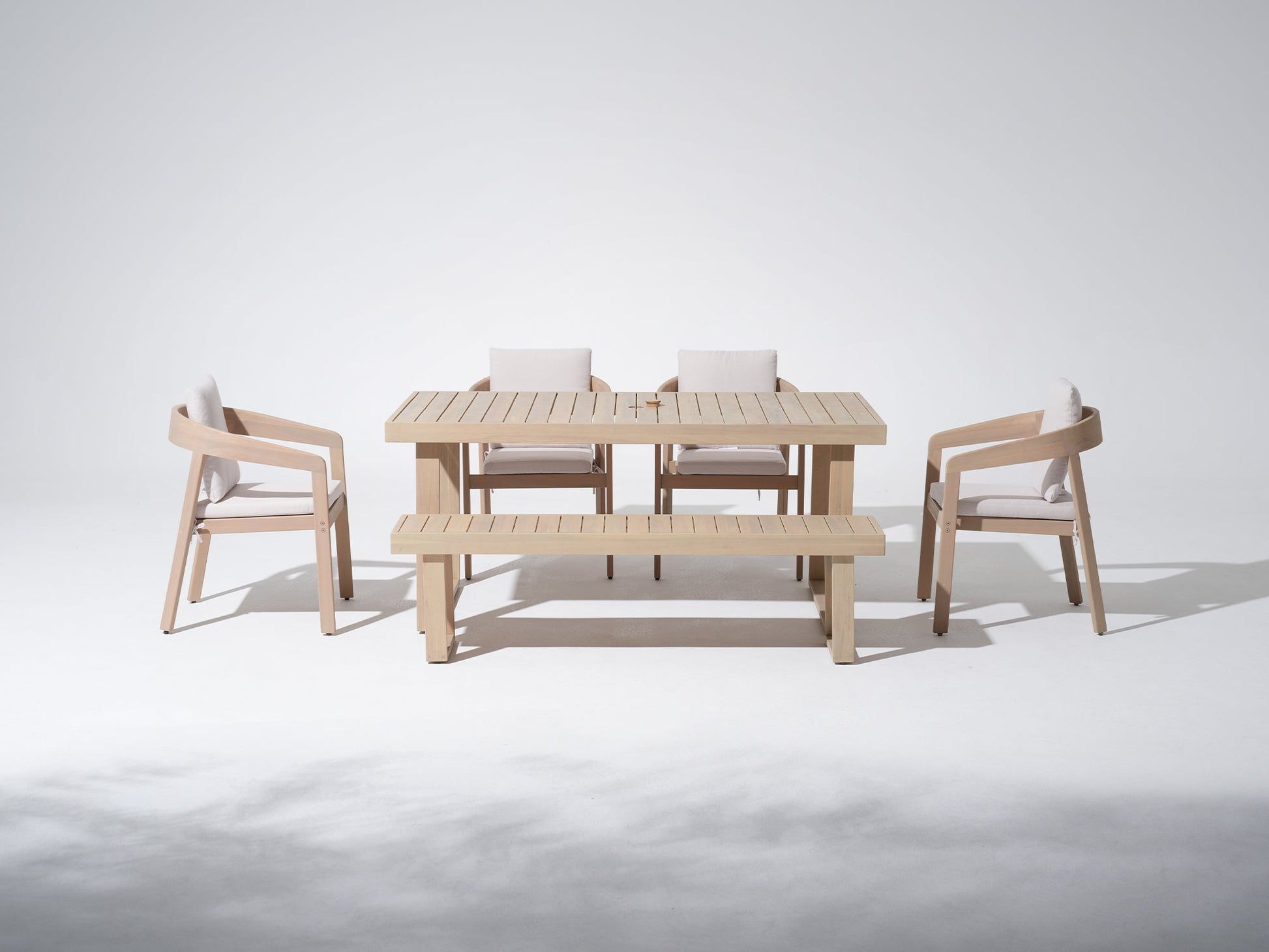 wood outdoor dining set for 6 with  Eucalyptus chairs and umbrella hole table