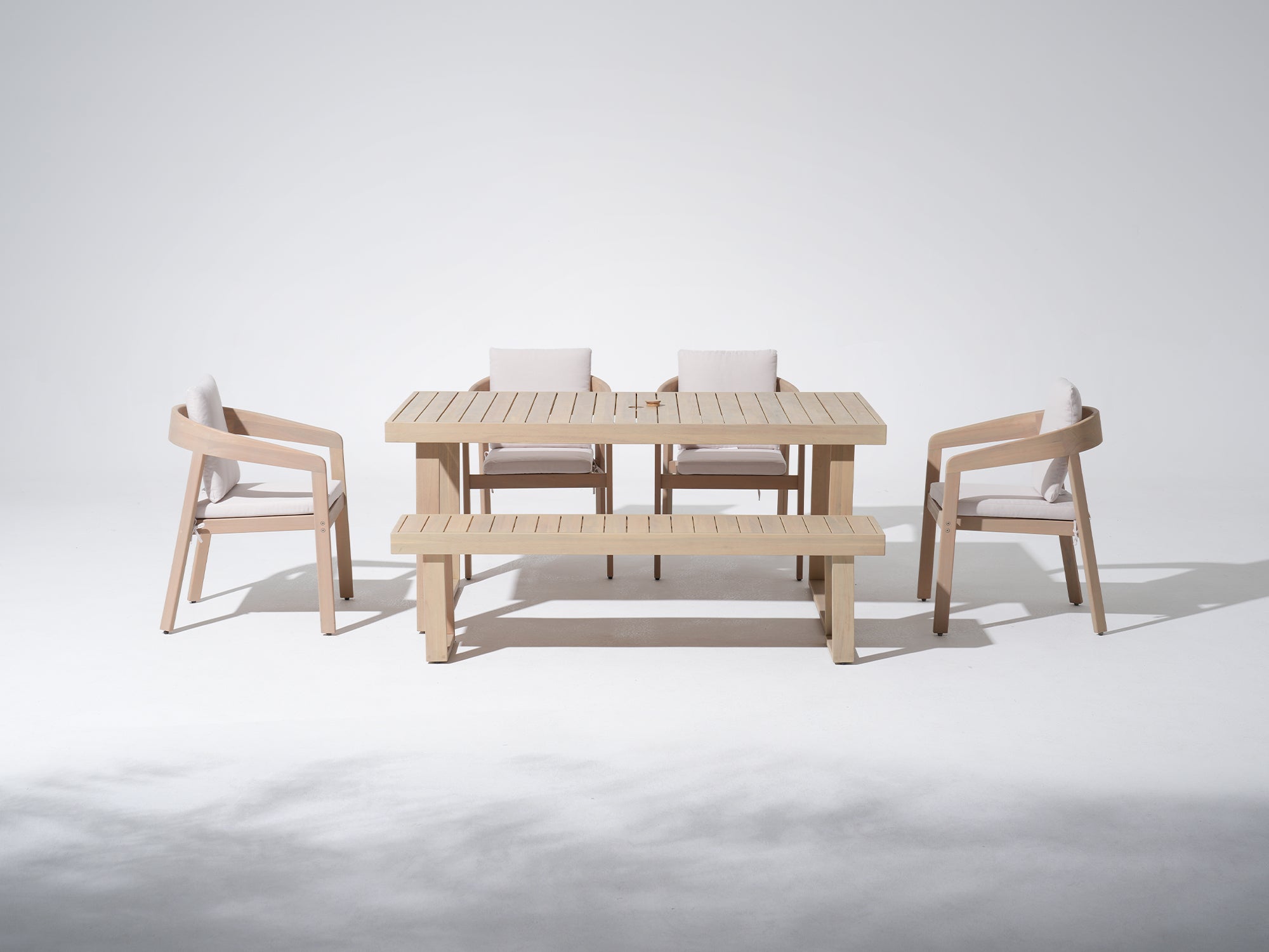 wood outdoor dining set for 6 with  Eucalyptus chairs and umbrella hole table