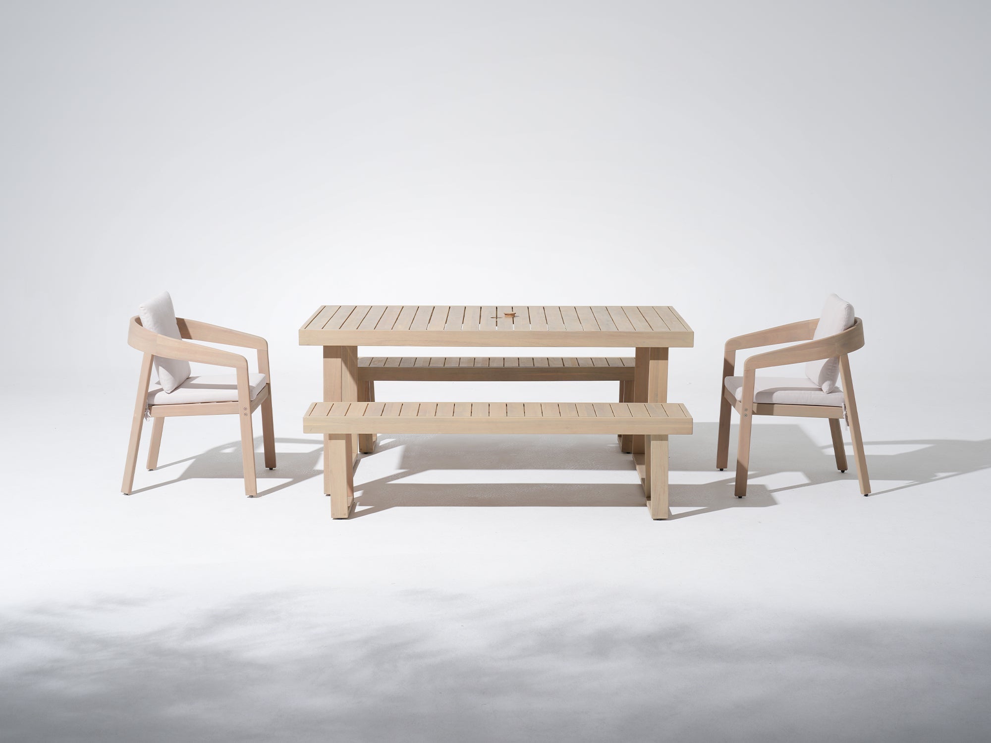 Drift 67'' Eucalyptus Wood Outdoor Dining Set with 2-4 Rope Chairs and Bench; Sled-Leg Design & Umbrella Hole