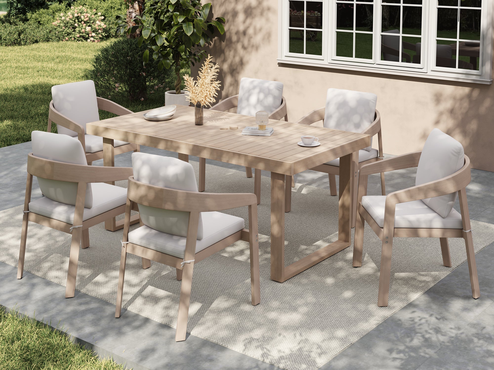 Drift 67'' Eucalyptus Wood Outdoor Dining Set with 2-4 Rope Chairs and Bench; Sled-Leg Design & Umbrella Hole