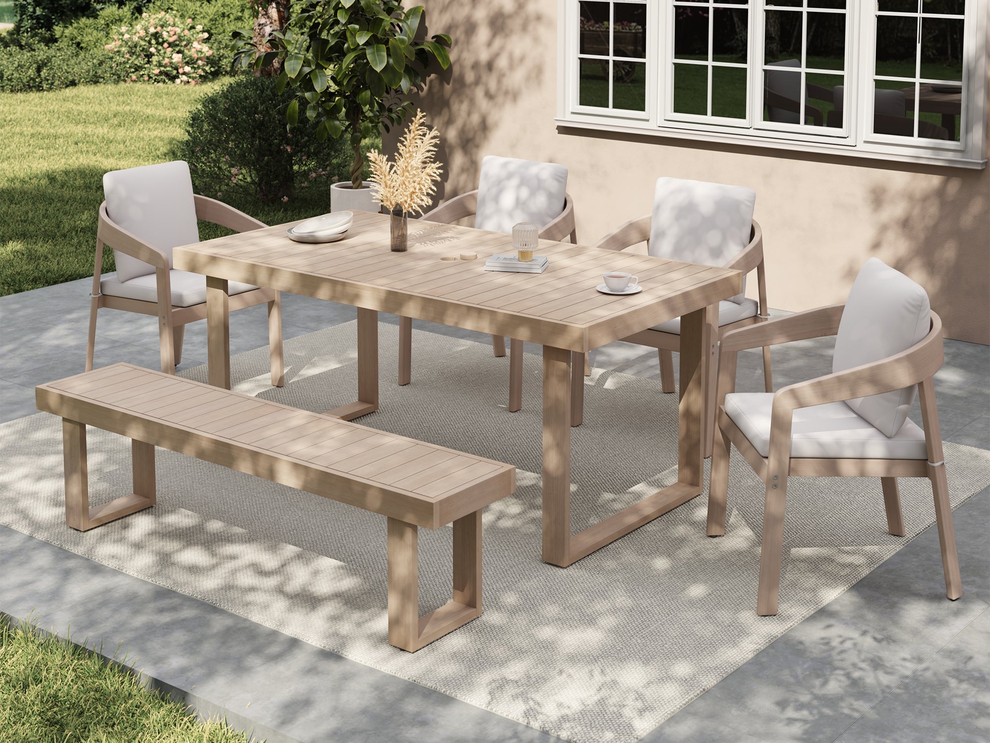 wood outdoor dining set for 6 with  Eucalyptus chairs and umbrella hole table