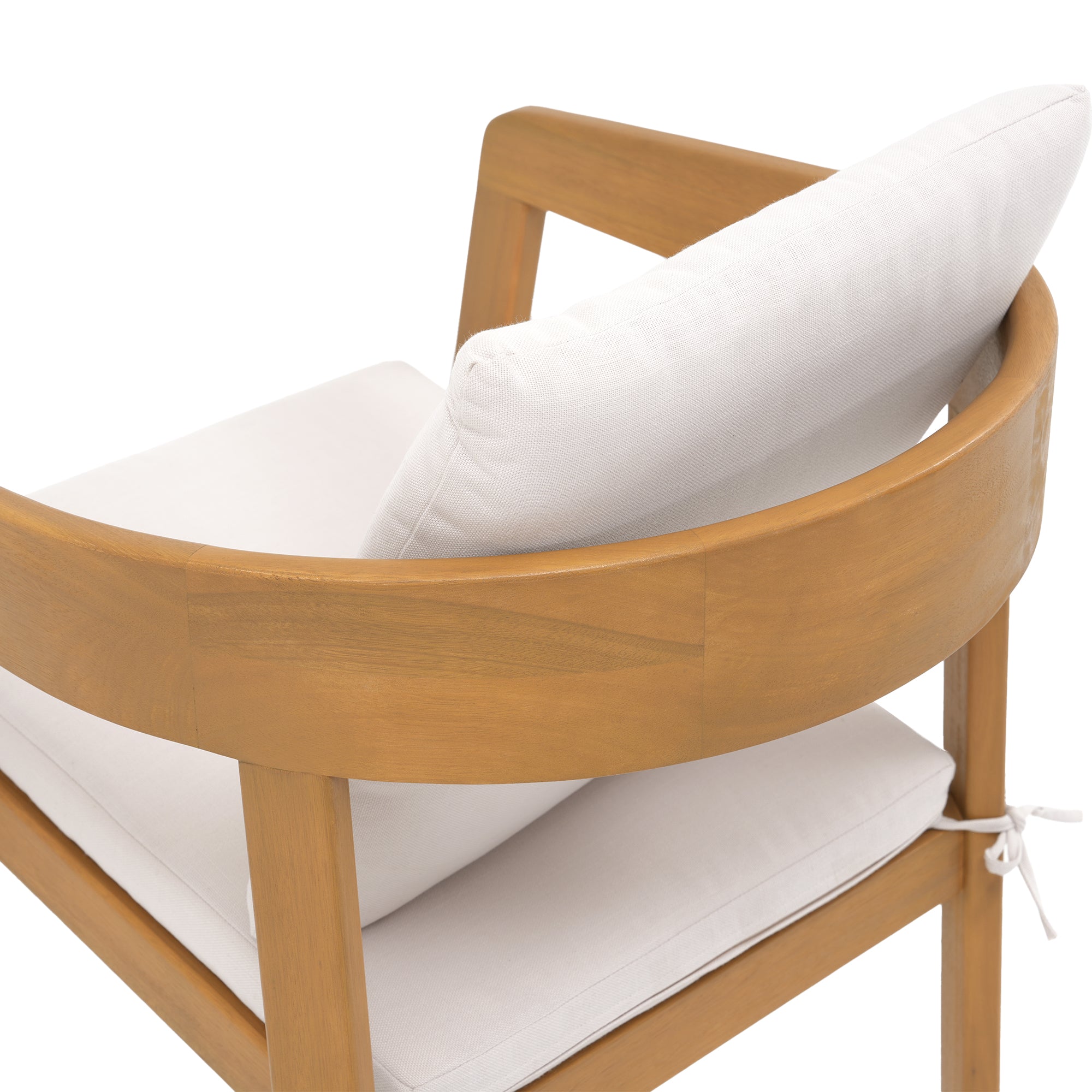 Wooden chair with white cushions, curved backrest detail - Sunsitt’s Modern Premium Outdoor Furniture