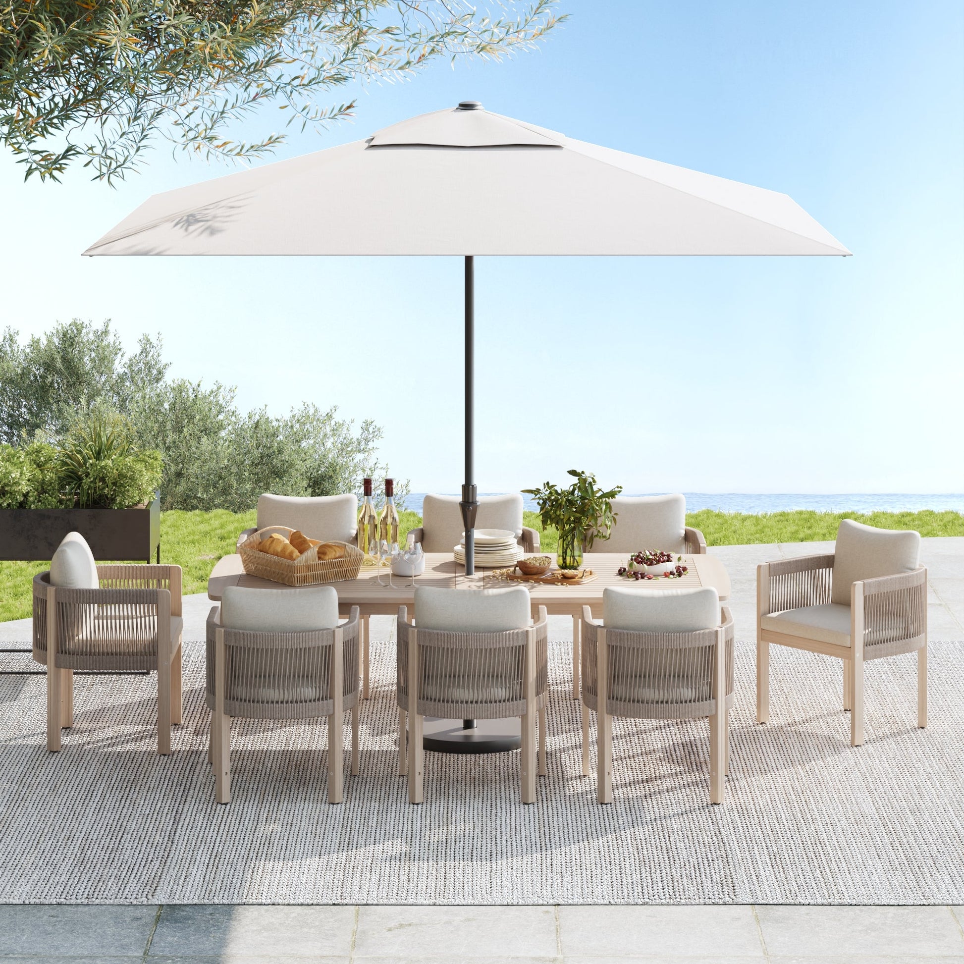 Foristern Compact Wooden and rope Outdoor Dining Set with Umbrella Hole for 8 People, 83''