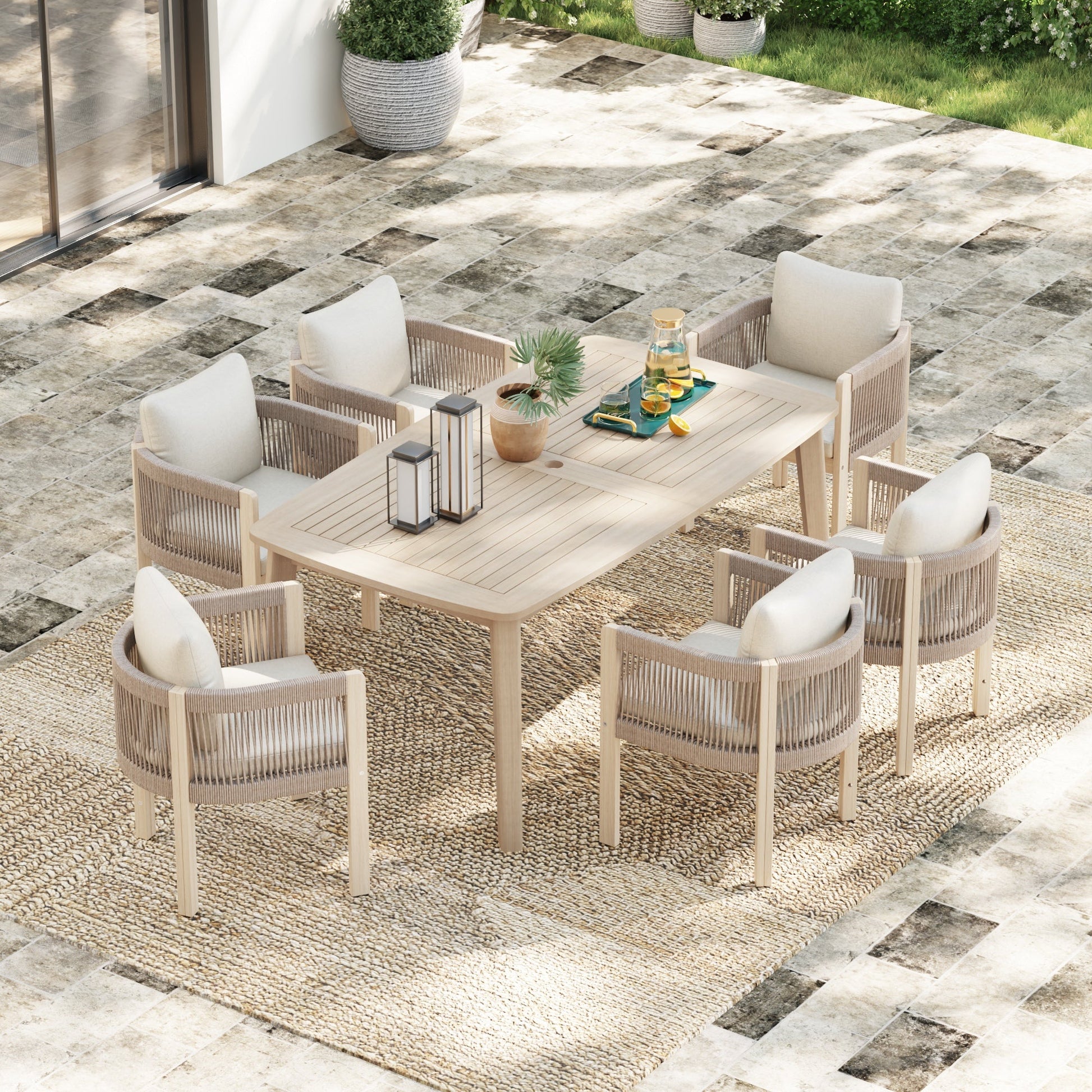 Foristern 63'' Wooden and rope Outdoor Dining Set with Umbrella Hole for 6 People