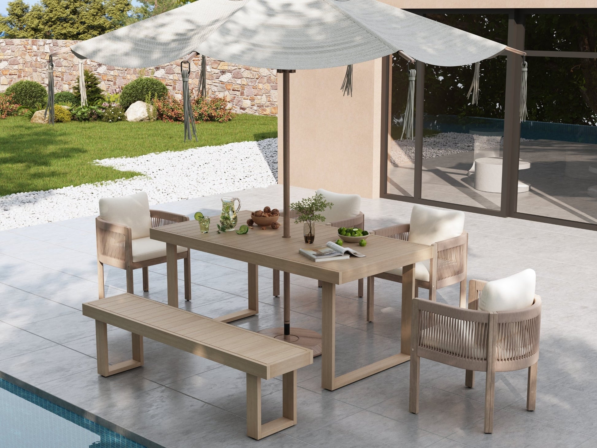 Outdoor patio set for 6 people with table, chairs, and bench on a patio area
