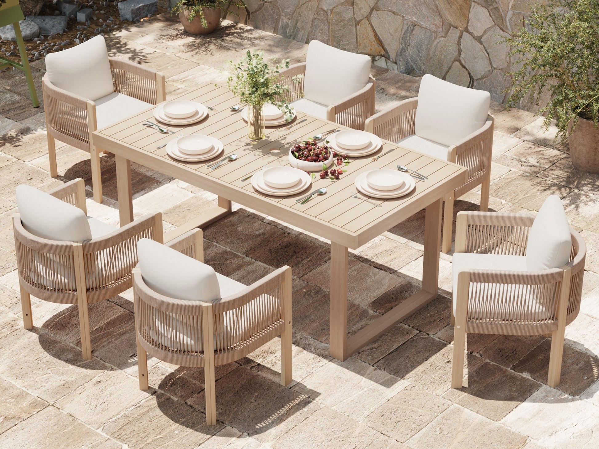 SUNSITT 67'' Wooden Outdoor Dining Set for 6 – Table with Umbrella Hole & 6 Chairs