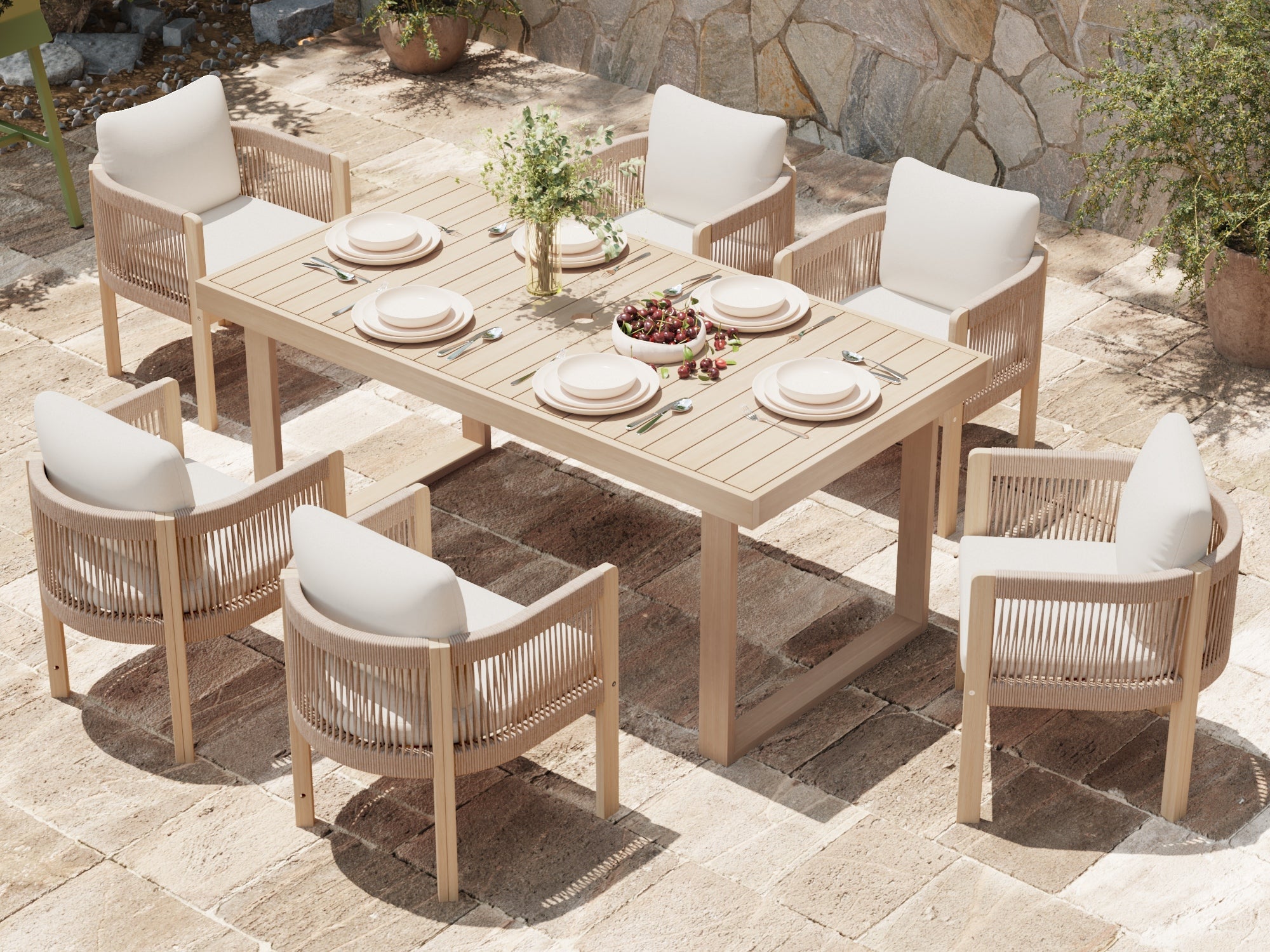 wood and rope Outdoor dining set for 6 people with umbrella hole