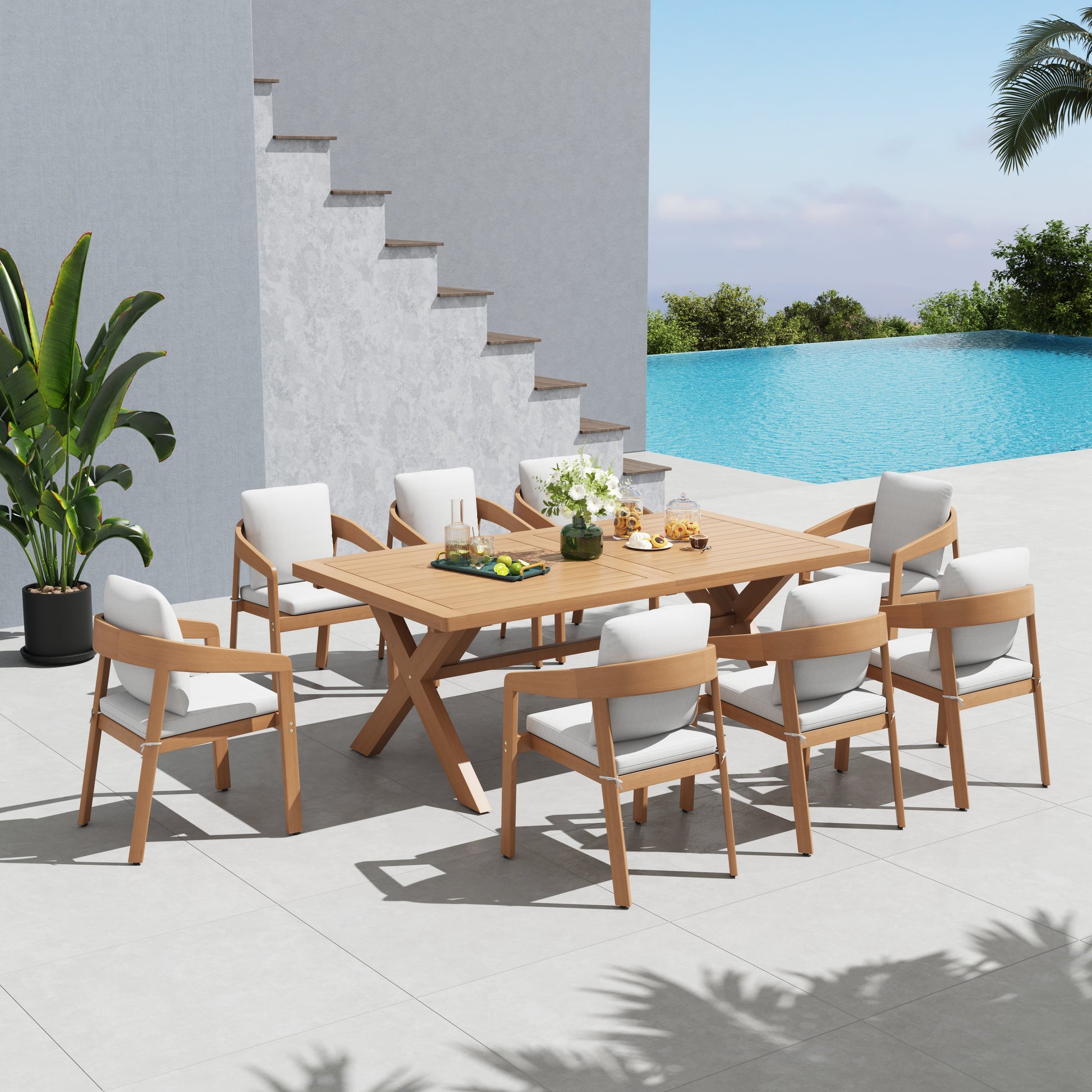 Foristern Outdoor dining set with eucalyptus wooden table and chairs by a poolside  - Sunsitt’s Modern Premium Outdoor Furniture