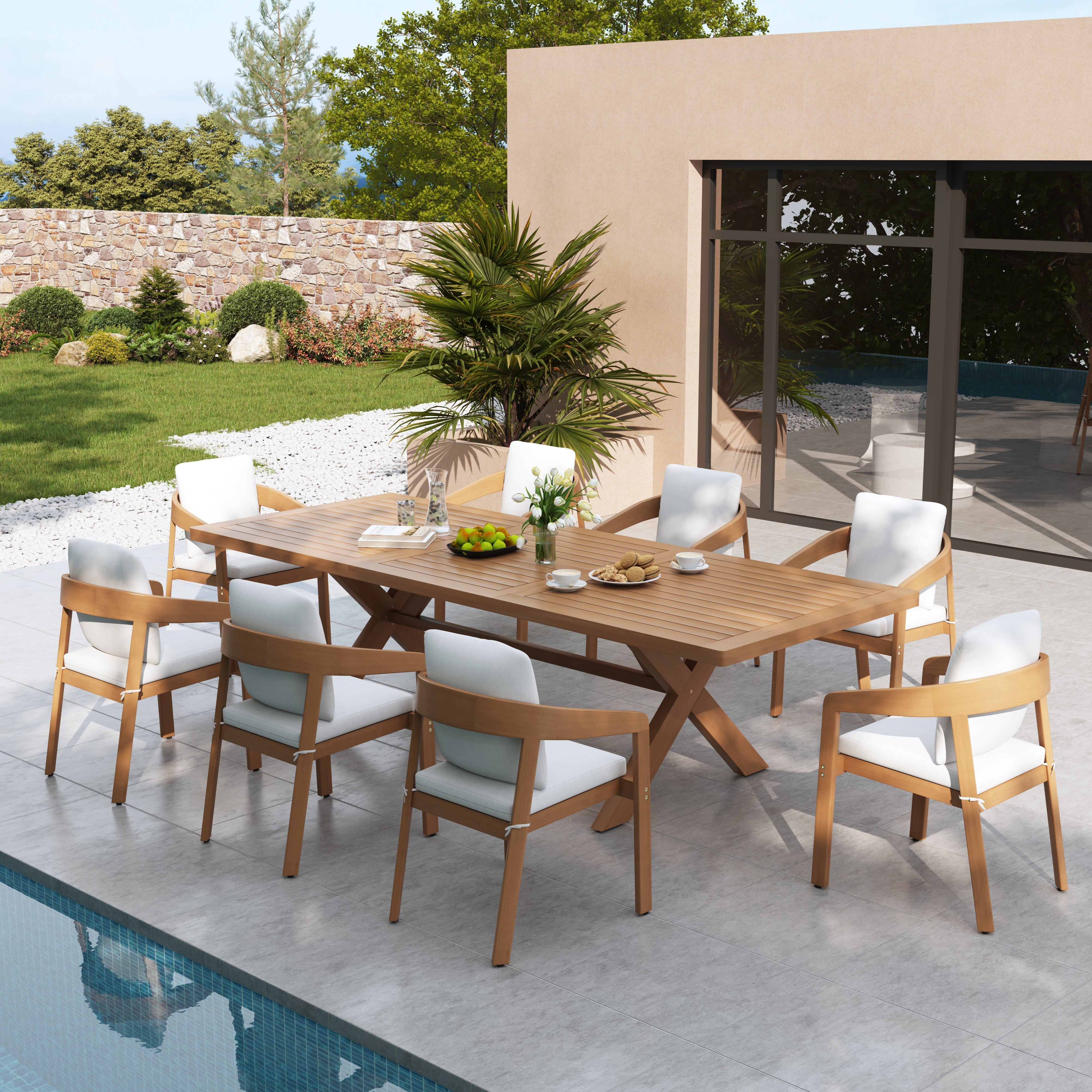 9pcs Outdoor dining set with eucalyptus wooden table and chairs by a poolside  - Sunsitt’s Modern Premium Outdoor Furniture