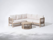 Foristern L-shaped outdoor sectional sofa with white cushions and a matching coffee table, wooden frame and rope design