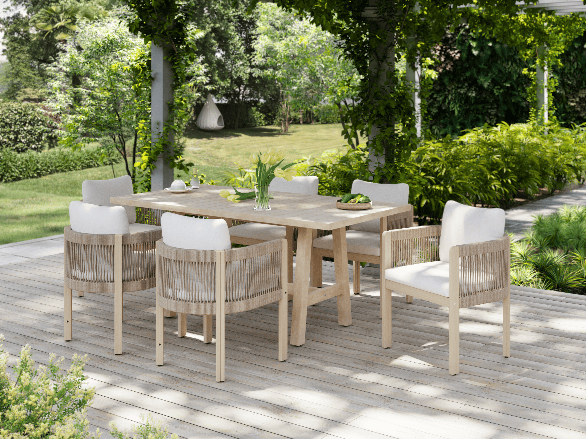 Outdoor dining set with wooden table and chairs on a deck surrounded by greenery- Sunsitt Modern Premium Outdoor Patio Furniture Sets
