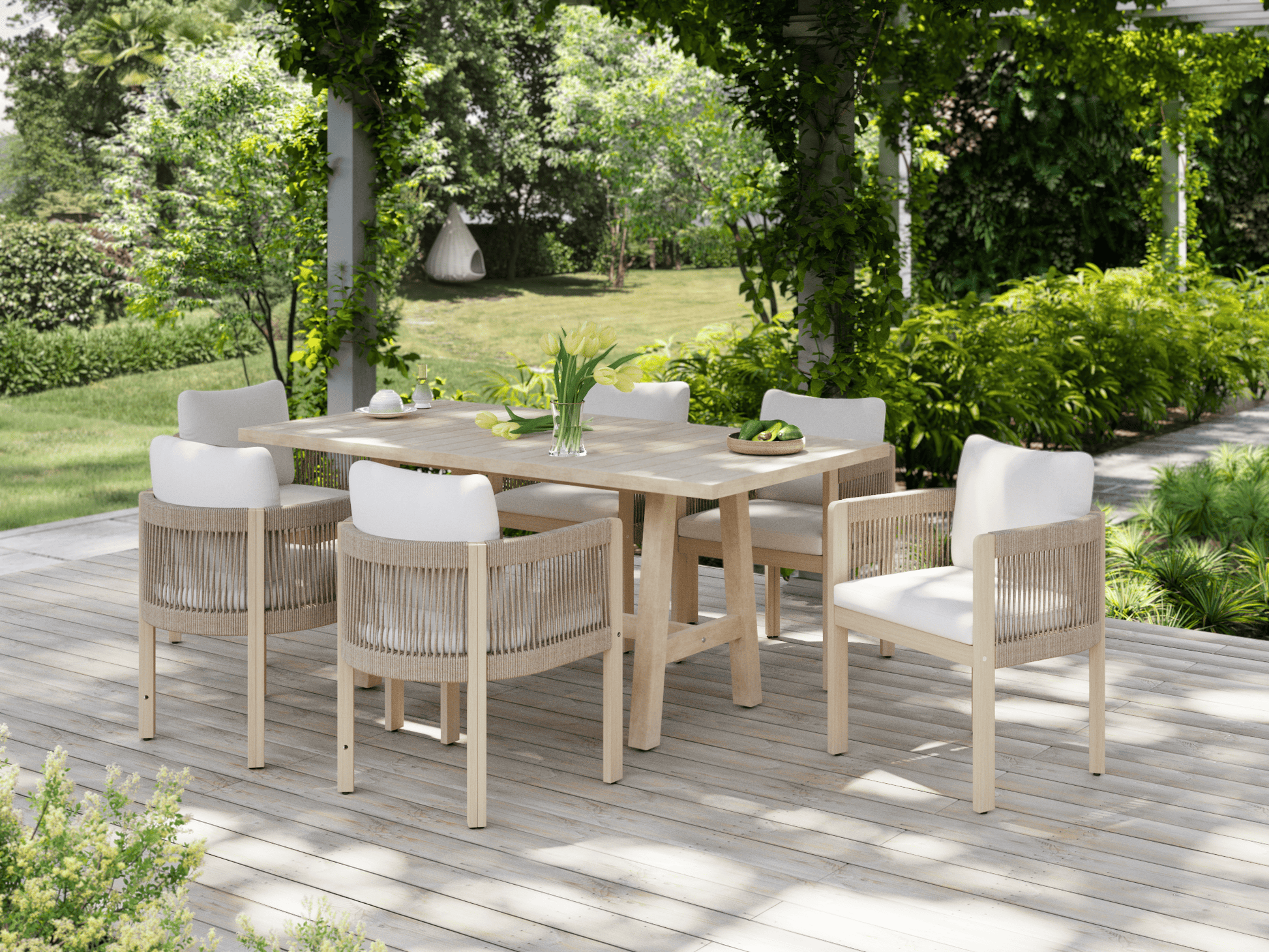 Outdoor dining set with wooden table and chairs on a deck surrounded by greenery- Sunsitt Modern Premium Outdoor Patio Furniture Sets