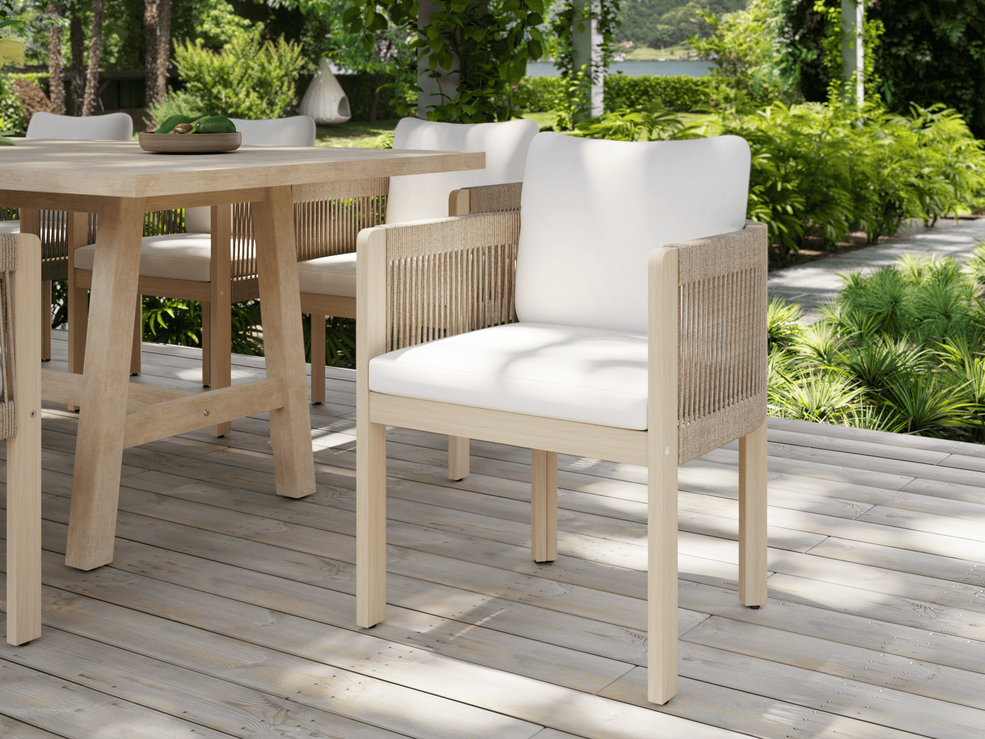 Outdoor furniture set with wooden table and chairs on a deck with greenery- Sunsitt Modern Premium Outdoor Patio Furniture Sets