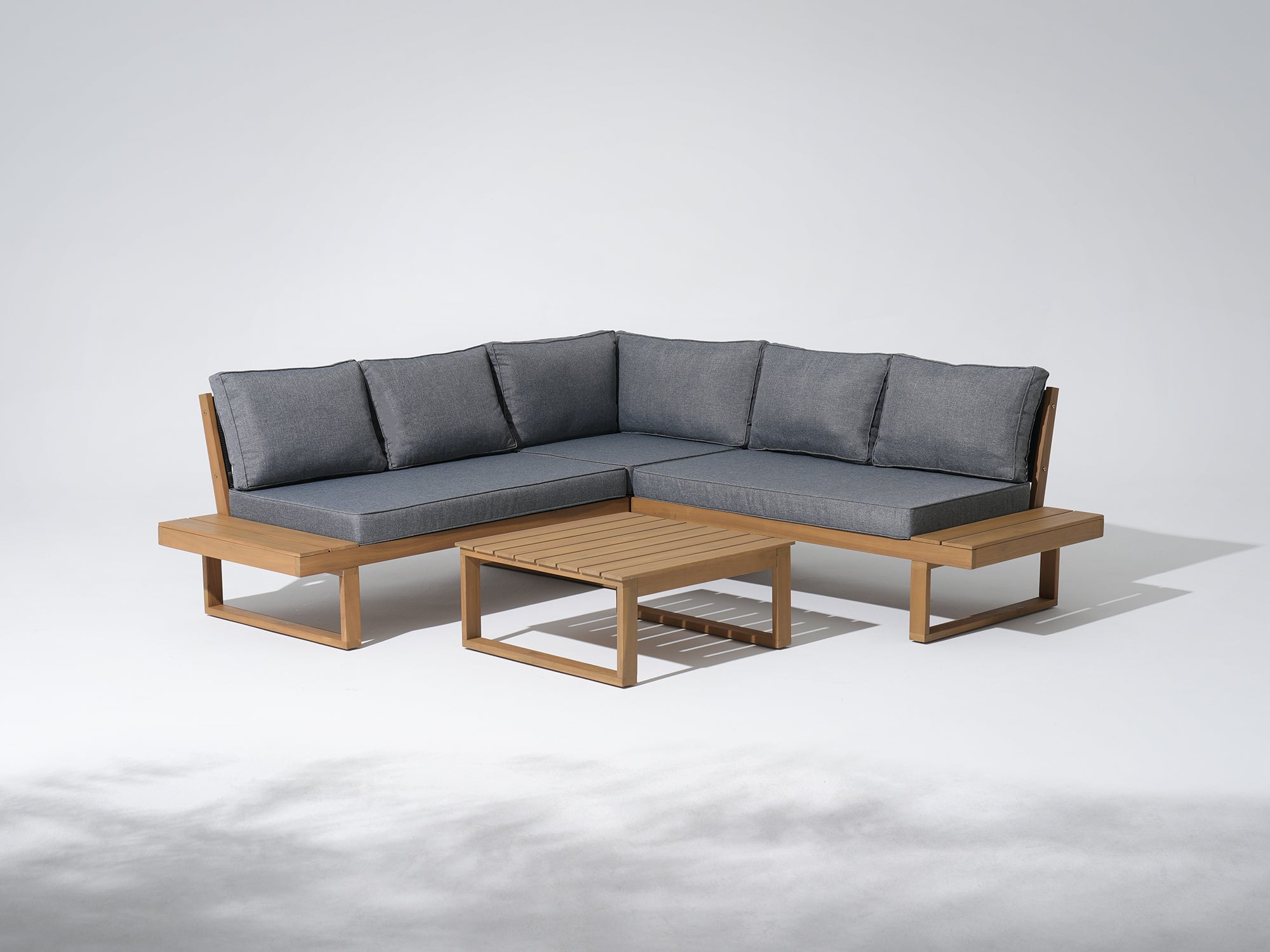 Sectional outdoor sofa with wooden frame and gray cushions#color_grey