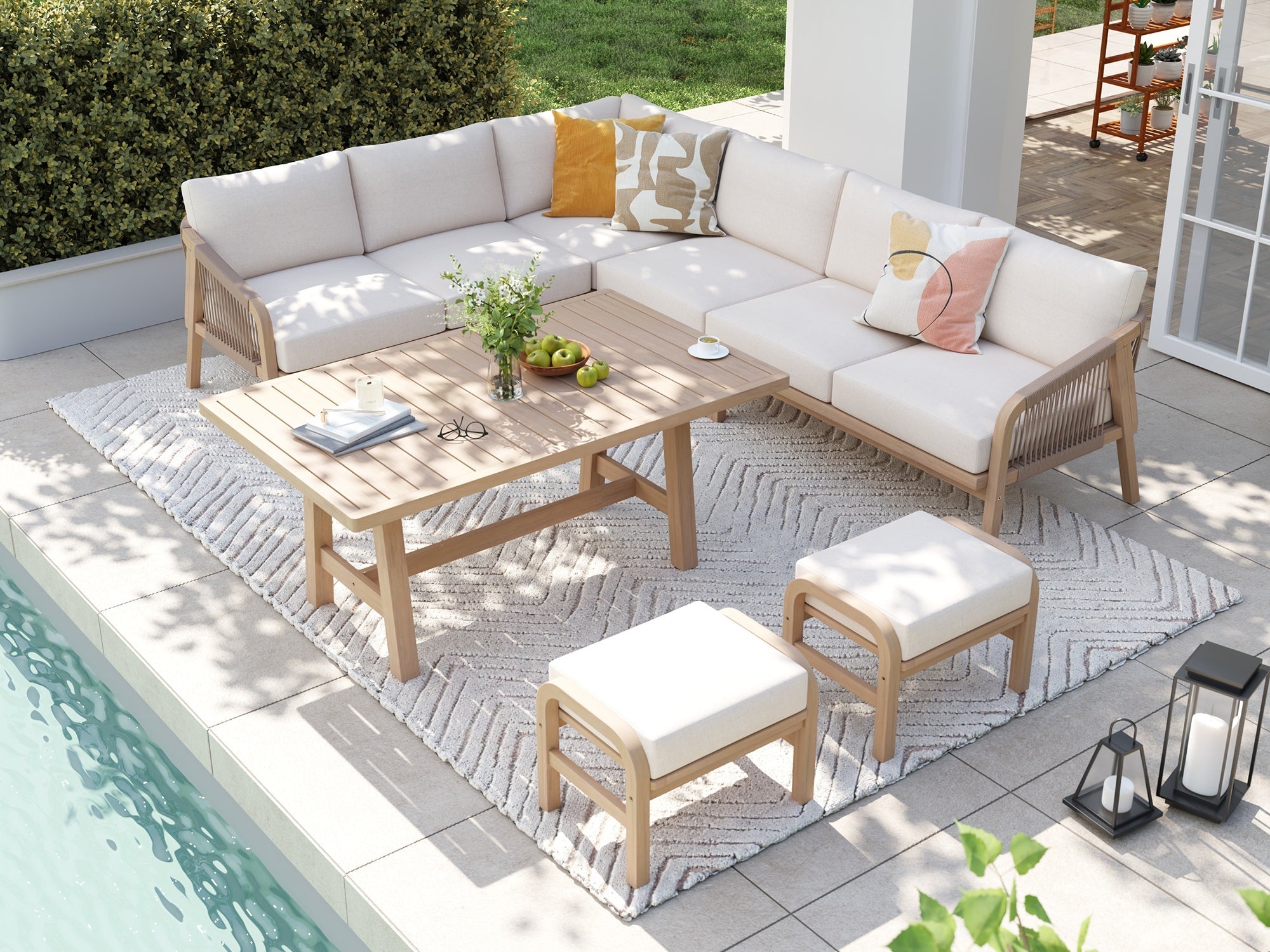 Foristern Modular Wood Corner Sofa with Rope Design, Ottomans & Multi-Use Table