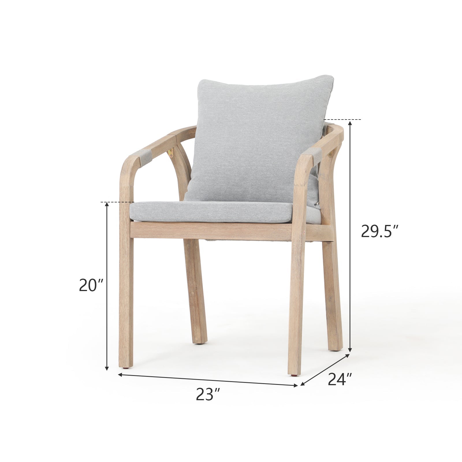 Thalea Wooden Outdoor Patio Dining dining chairs with gray seat and back cushions, gray rope design, dimension - Sunsitt Premium Modern Outdoor Patio Dining Furniture