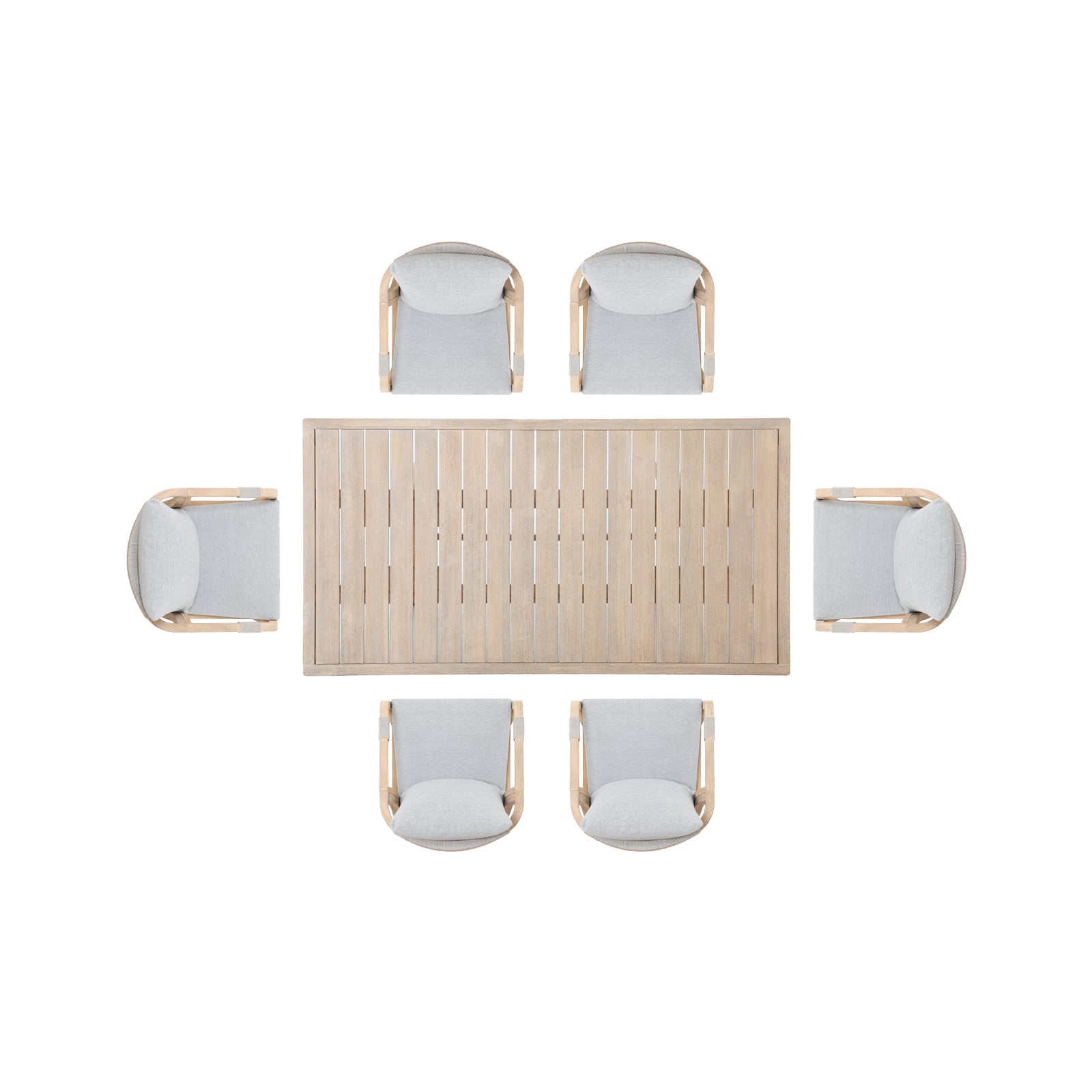 Thalea modern Outdoor dining table set for 6 people, top view.