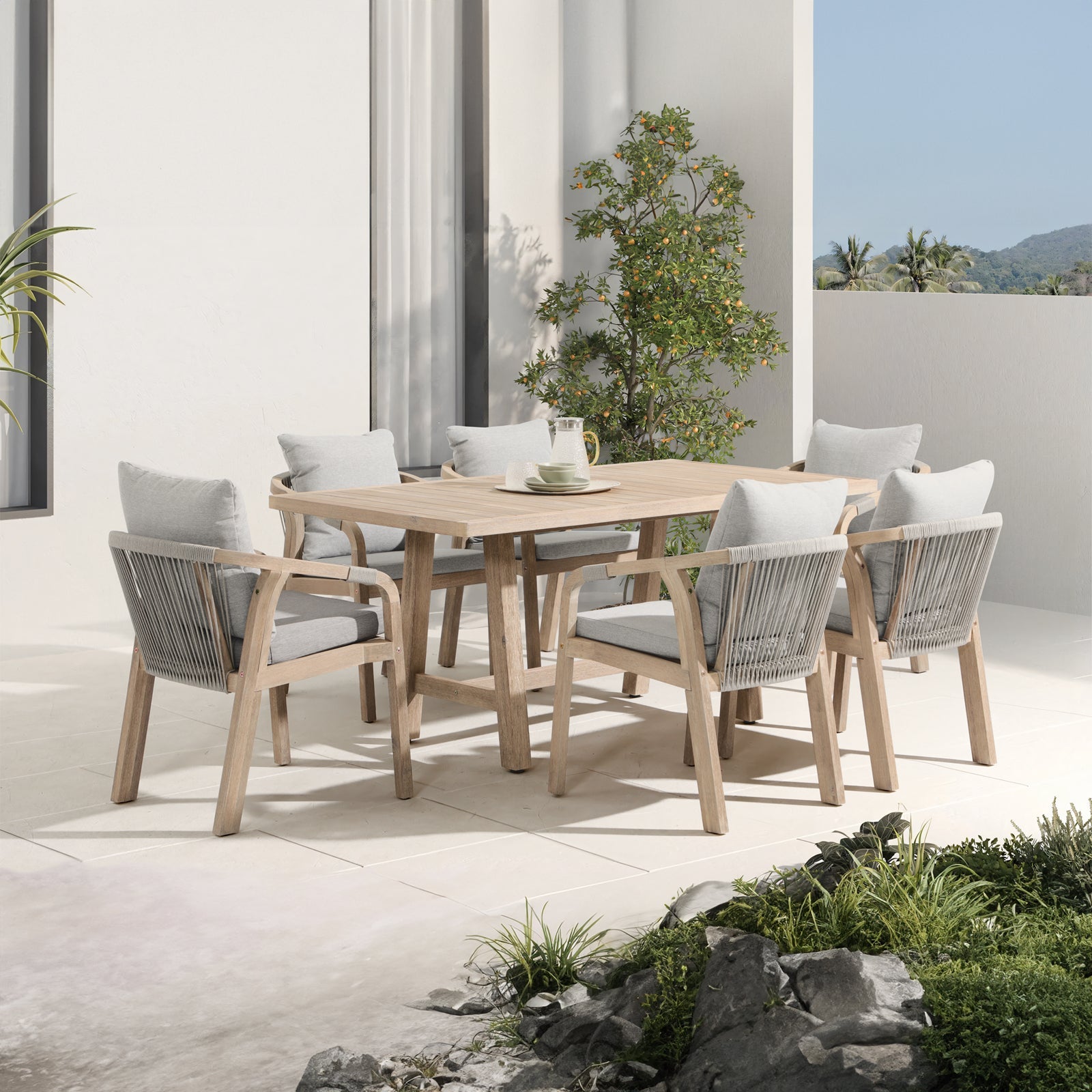 Thalea Rectangular Wooden Outdoor Dining Set for 6 People, 67''
