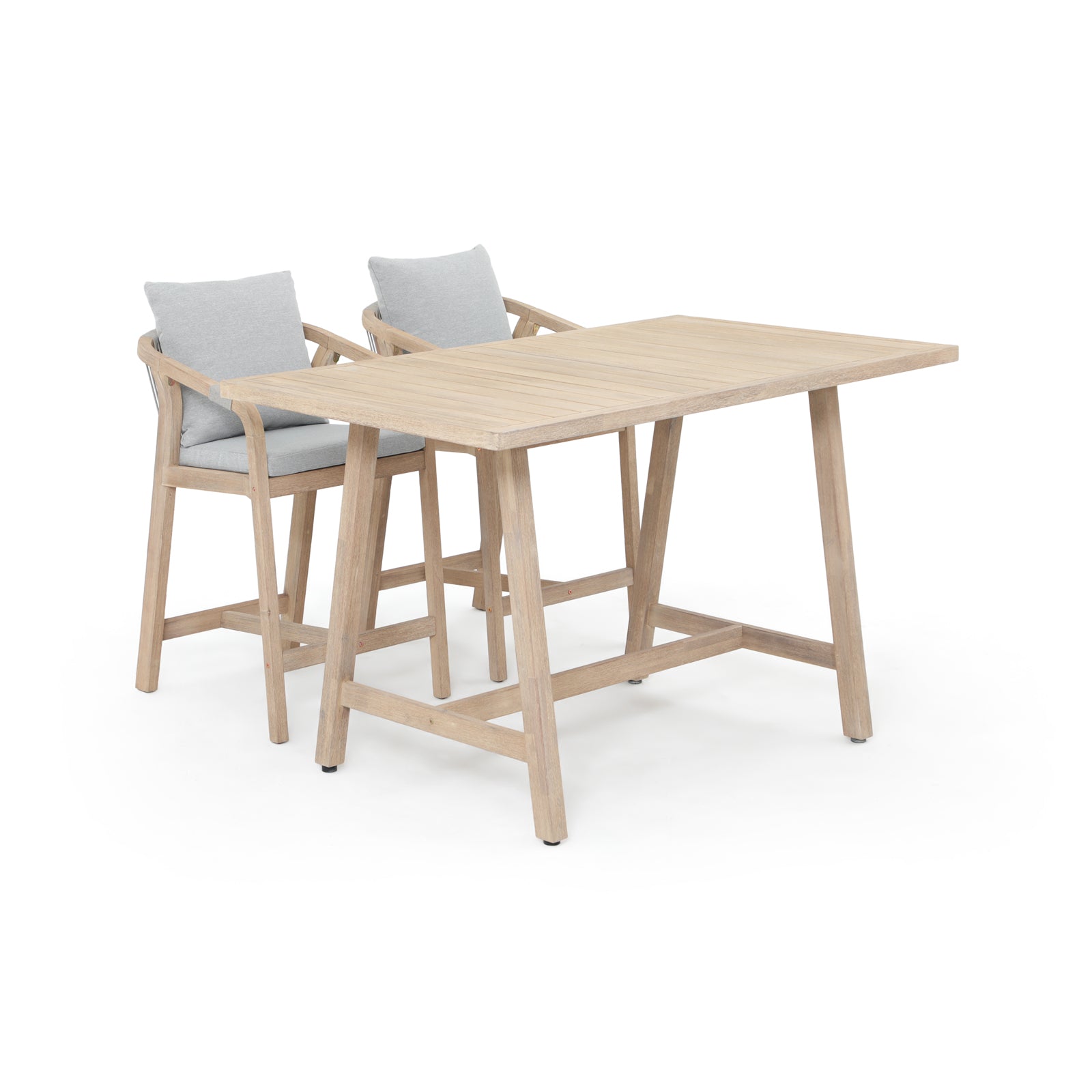 Wooden Outdoor Patio Bar Set, a rectangular acacia wood bar table and 2 patio bar height chairs with gray cushions, gray rope design - Sunsitt Premium Modern Outdoor Patio Furniture Set